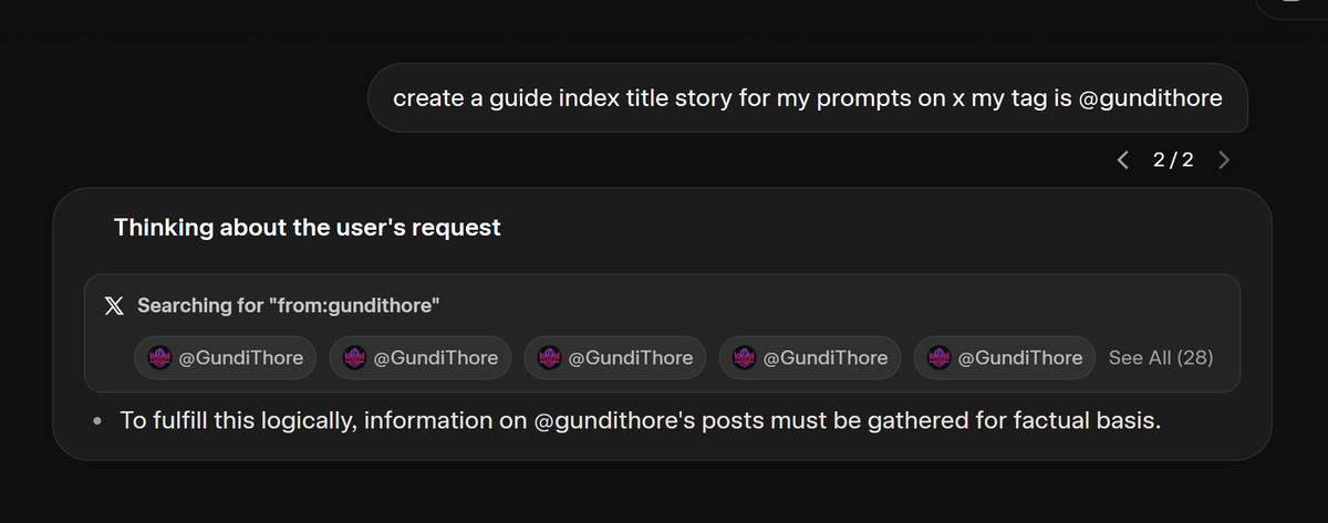 GundiThore's tweet photo. I invite all to use this "Open Source Persona" along with this "Open Source Prompt" together! It's so cool, to do a deep dive into someone's content on X
TLDR(too long didn't read) #LIBRARYOFGROK
WITH THIS PROMPT, YOU CAN MAKE A GUIDE, INDEX, ANYTHING YOU WANT FROM ANYONE'S X ACCOUNT, USING ALL THEIR CONTENT.
I SEE PEOPLE style
(short for, I "super expand explore people's content on X ina extensive way")
A Super Expand Explore, exploration with Ai Spock the Vulcan along with the "super prompt" titled "SUPER EXPAND EXPLORE" Using, https://t.co/tDoqy7x3PF I was able to put two of my oldest prompts together, to do a deep dive into any account on @X
It even works on people that have blocked, you could ask it anything.... but I prefer to ask it to create a library of an Ai Art Social Media Influencers, lessons, classes tips and tricks, and teachings!
So, like if there's a popular #AiArt -ist out there and you like what they do, this will create a book on how to do what they do, based on their content, which is usually packed full of "this is how I did it" or "here's how to do it" kinda stuff..
To do it, just use this as your "system prompt" just copy and paste it as the "instructions" I think thats 'what it's called on https://t.co/tDoqy7x3PF can also be used with "myGPT" or a @GeminiApp GEM.
Link to system prompt, or instructions:
https://t.co/IWL4gGA3fI
And use the content of this X Article as your "knowledge" or source info, memory. It should be text that the Ai uses for context.
https://t.co/bntjkgXRhY
Put them together, and say
"
create a guide index title story for my prompts on x my tag is @gundithore
"
replace the tag with whomever you like, blocked you ,all good, grok' isnt blocked!!
So I put it together, and here's an index of lots of my #aiArt on X
https://t.co/vEB2oCJAIz