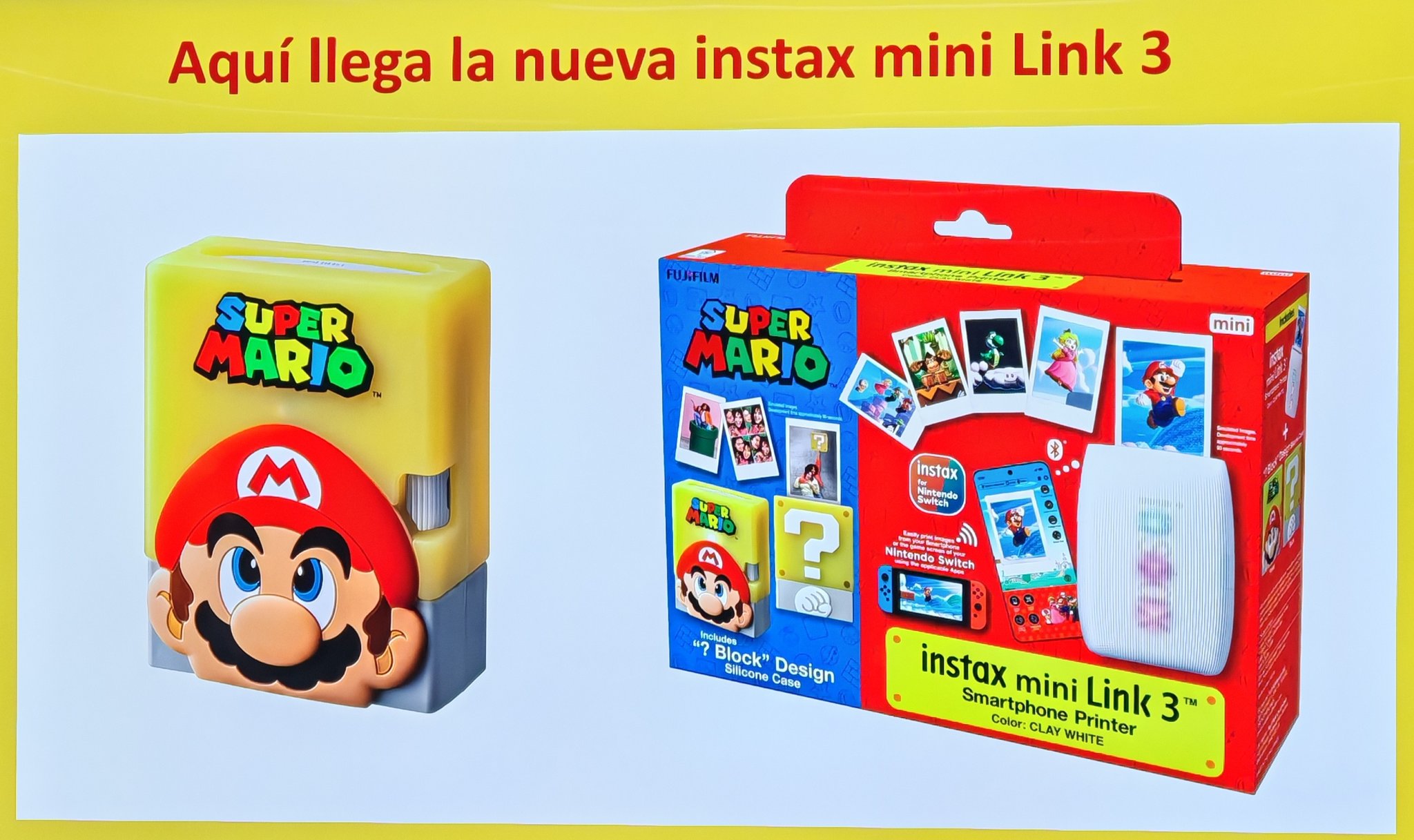 instax mini Link 3 - Edición Super Mario Bros. con funda de Silicona Bloque ? de Fujifilm | Nintenderos