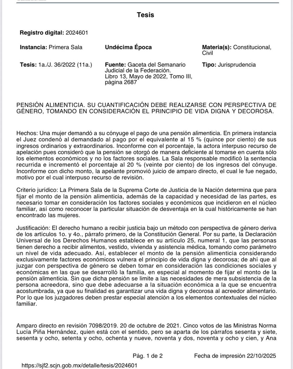 #JurisprudenciaSCJN 
#PensionAlimenticia
#VidaDignaYDecorosa
#NivelDeVidaAdecuado
#PerspectivaDeGenero
#ConstitucionYTratados 
El derecho humano a recibir justicia bajo un método con perspectiva de género deriva de los artículos 1o. y 4o., párrafo primero, de la Constitución