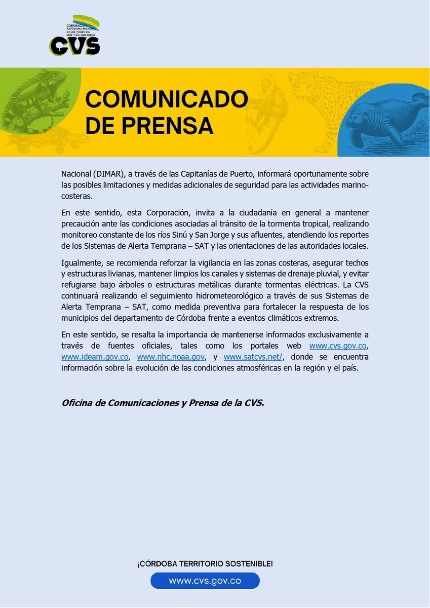 🌀 #AlertaCVS La CVS informa que la Tormenta Tropical Melissa mantiene su influencia sobre el mar Caribe colombiano. IDEAM mantiene estado de AVISO para Córdoba. Se prevén lluvias, tormentas eléctricas y vientos moderados a fuertes, especialmente en zonas costeras.

Comunicado👇