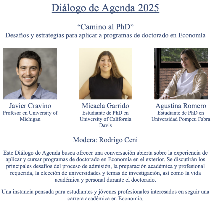 Diálogo de Agenda: "Camino al PhD. Desafíos y Estrategias para Aplicar a Programas de Doctorado en Economía" 🧑‍🎓✈️🇺🇸🇬🇧🇪🇺

🗓️ 24 de octubre
🕓 16:00 horas
🎦 Virtual

🔗 Inscripciones: docs.google.com/forms/d/e/1FAI…
