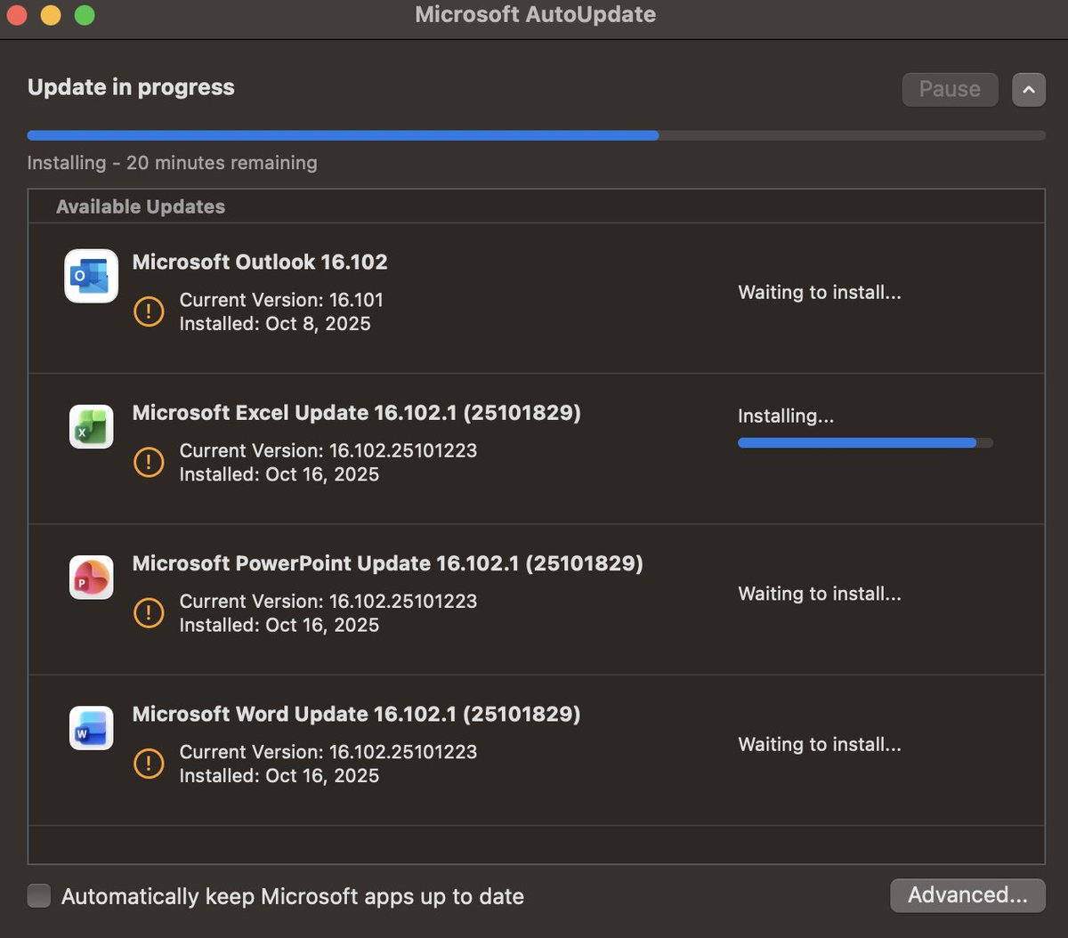 Without fail <a href="/Microsoft/">Microsoft</a> <a href="/Office/">Microsoft Office</a> AutoUpdate launches weekly with updates to all their apps. WTF is going on there that you need to push updates WEEKLY??!! 20 mins every damn week. 🤬