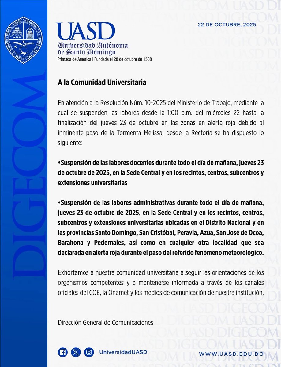 ¡SUSPENSIÓN DE DOCENCIA Y LABORES ADMINISTRATIVAS MAÑANA JUEVES 23 DE OCTUBRE!