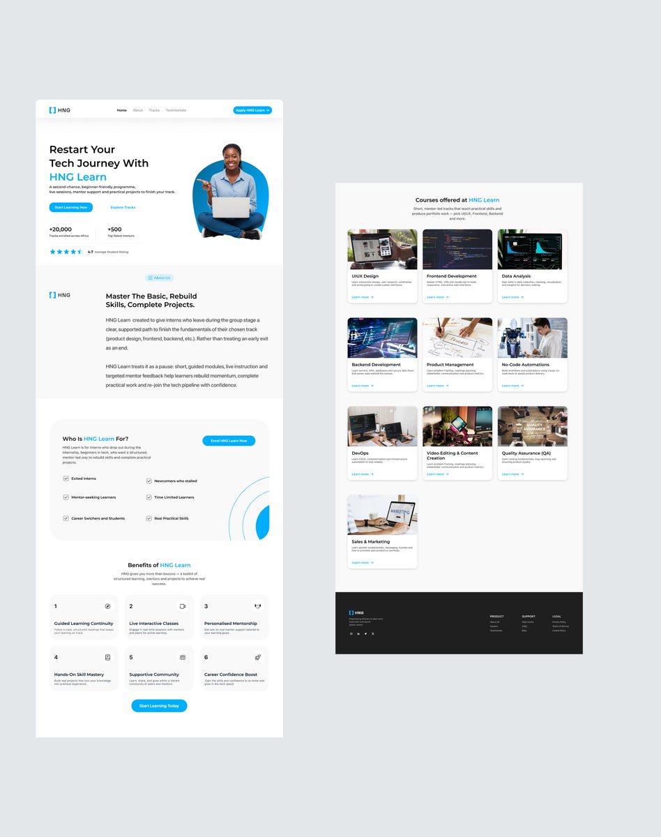 HNG 13 Stage 0 Task - I designed a single-page for HNG Learn, a second-chance programme for interns who exit during group stages. Focused on intuitive, clean, minimalist and user-friendly UI.  #HNG #UXDesign #Landingpage #Webdesign