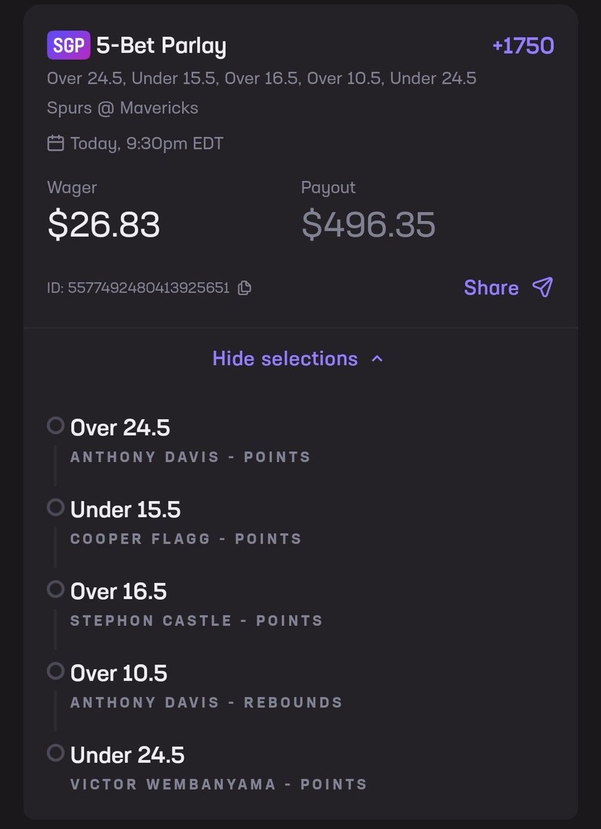 Doing another parlay for the Spurs Mavs game. I like Flagg and Wemby to go under on points and Davis and Castle to have good games