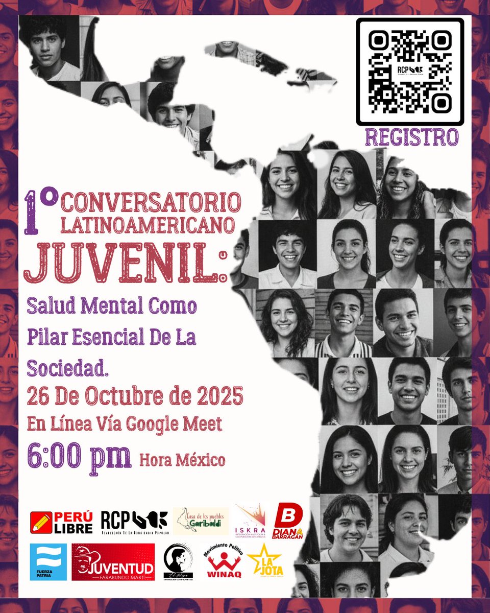 rcpmx_'s tweet photo. RCP MX te invita a participar en el 1er Conversatorio Latinoamericano Juvenil: Salud Mental Cómo Pilar Esencial de la Sociedad.
🗓 26 de Octubre de 2025 por Meet.
Se mandará link de acceso a Meet un día antes por WhatsApp o correo electrónico. 
✅️ Registro mediante forms (QR). https://t.co/aXzvAranlt