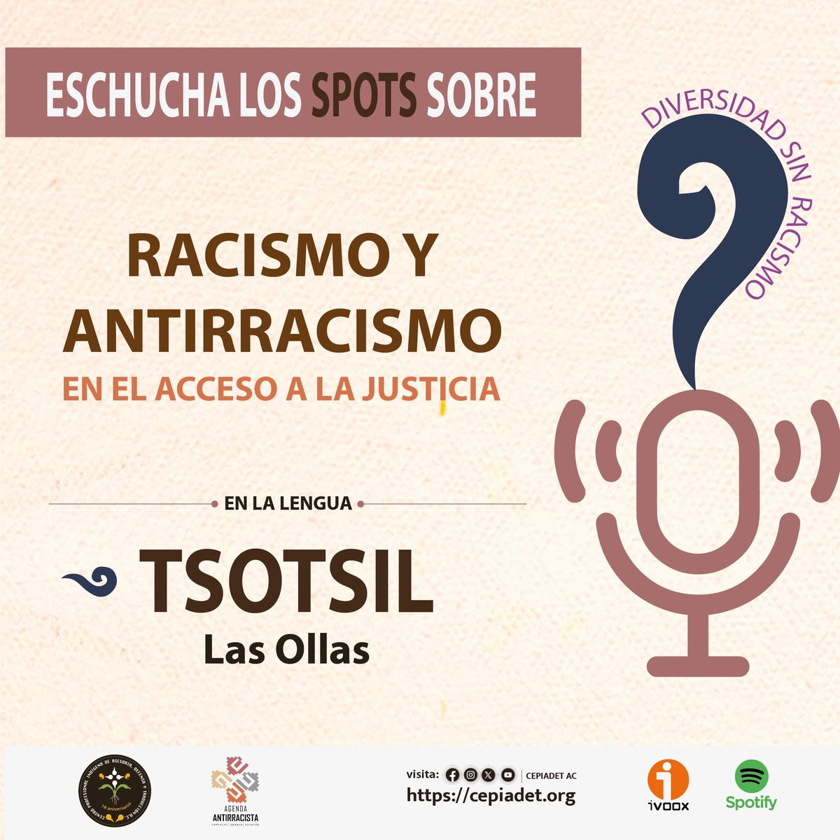 #Difusión | Te invitamos a escuchar nuestra serie de spots en lengua tsotsil. Sumemos nuestras voces a la campaña #DiversidadSinRacismo para decir juntas y juntos ¡no al racismo!

🎧 Escucha, descarga y comparte aquí: go.ivoox.com/sq/2461021

#Racismo #HablaTuLengua #Antirracismo
