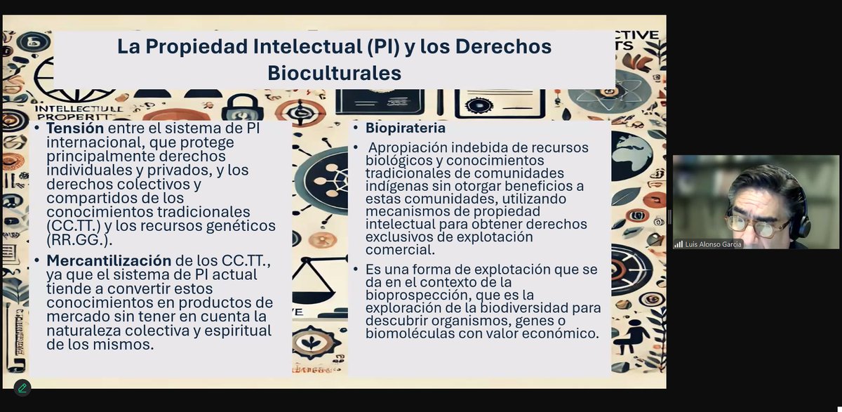 IPIDEC's tweet image. En la segunda sesión de nuestro Diplomado.  El Mtro. Luis Alonso García Muñoz (Perú) nos guio a través de la intersección entre Derechos Bioculturales y Propiedad Intelectual.
¿Cómo asegurar que la protección de una DO también resguarde la biodiversidad y el saber tradicional?