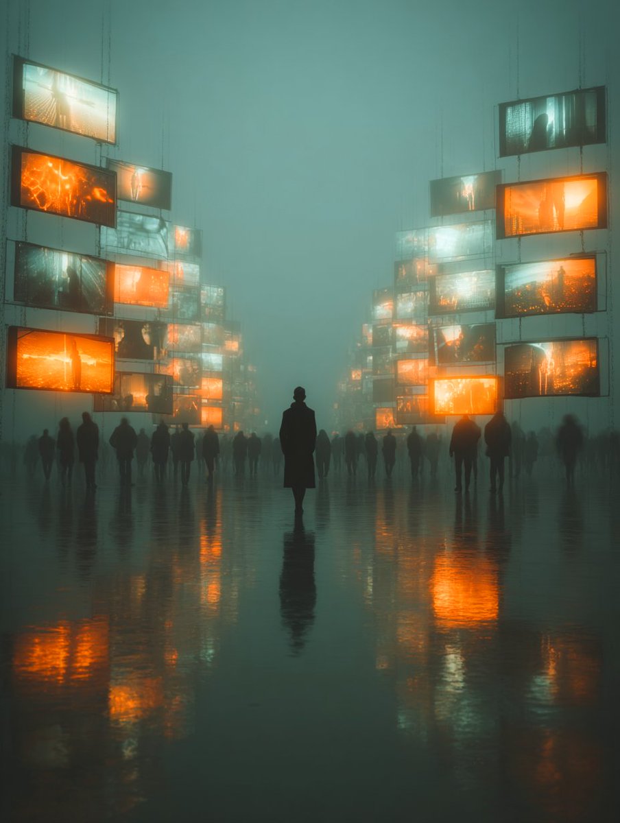 phokuinc's tweet image. Between the glow of screens and the silence of crowds the modern ritual unfolds #AIart #Surrealism #Futurism