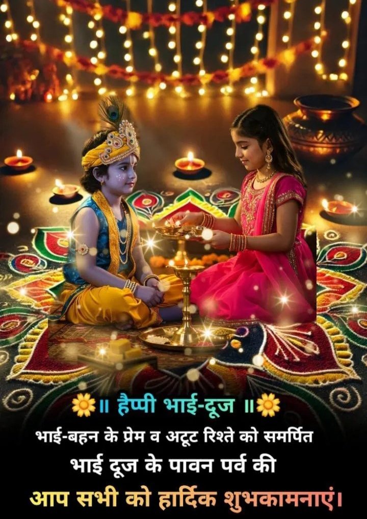 भाई दूज: ....🚩🌸🌿
प्यार और अपनापन का सबसे प्यारा त्यौहार!

कंटेंट: 🏵️🌸

भाई दूज का त्योहार हर साल भाई-बहन के अटूट प्रेम और अपनापन का प्रतीक बनकर आता है। यह दिन भाई-बहन के रिश्ते को और भी मजबूत बनाता है, जिसमें बहनें अपने भाइयों की लंबी उम्र और खुशहाली के लिए रक्षा सूत्र बाँधती