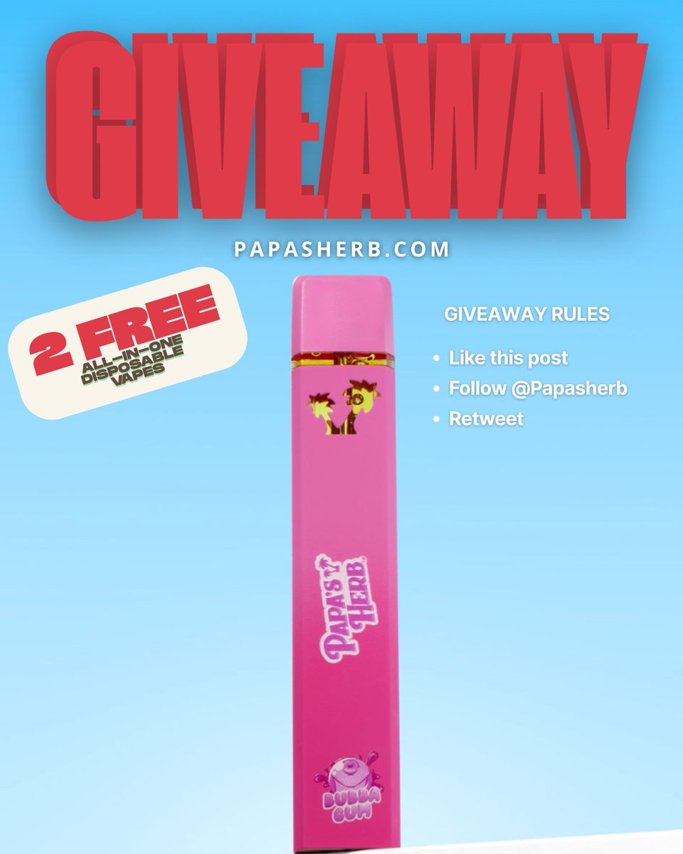 🚨 GIVEAWAY TIME! 🚨
Win 2 FREE Papa’s Herb All-in-One Disposable Vapes 🌿💨
To enter:
✅ Like this post
✅ Follow <a href="/PapasHerb/">Papa’s Herb</a>
✅ Retweet

💥 BONUS: Sign up for our email list on papasherb.com (pop-up form) for 3 extra entries!

Good luck, fam 🍀