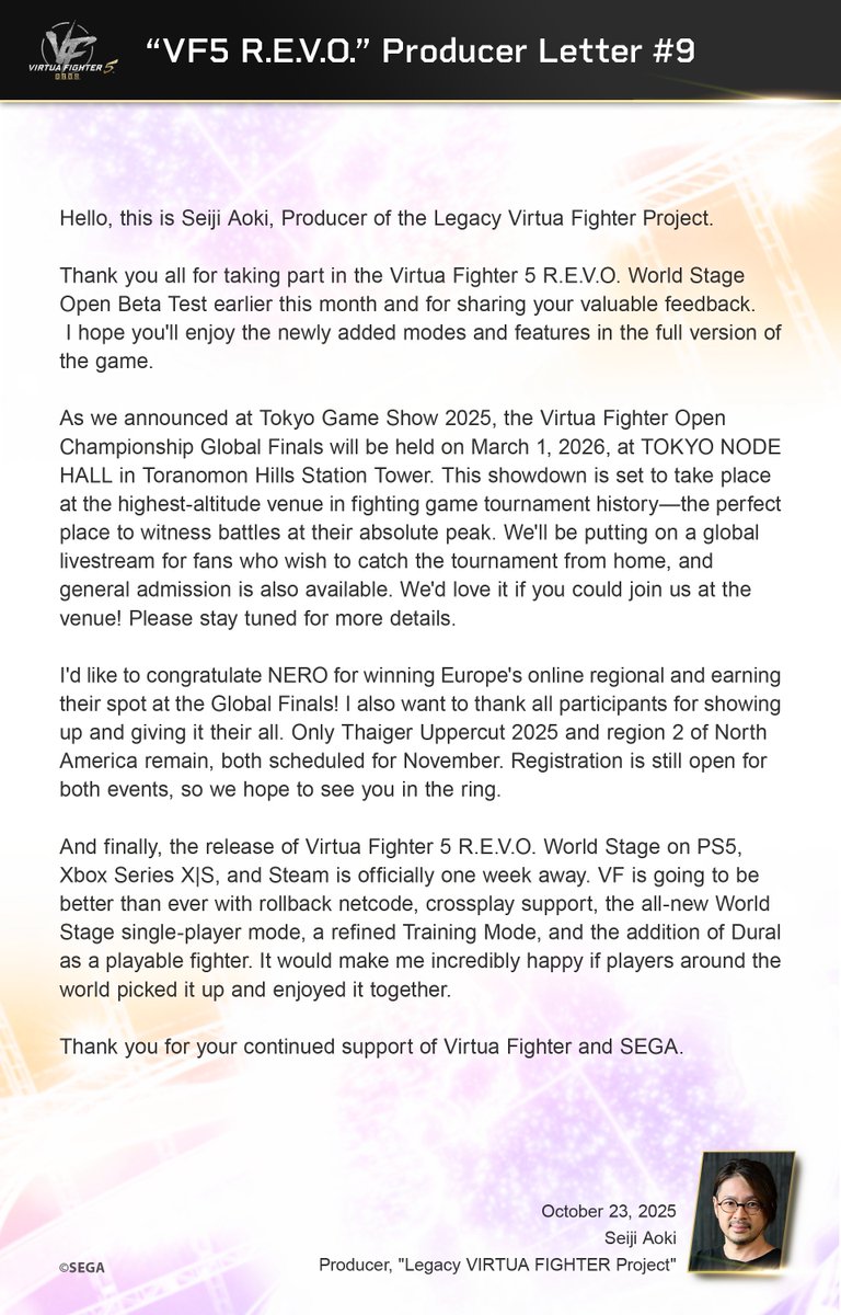 Seiji Aoki, producer of the Legacy VIRTUA FIGHTER Project shares exciting news and details for"Virtua Fighter 5 R.E.V.O." in his "Producer Letter#9"! ✉

#VF5REVO #LegacyVF