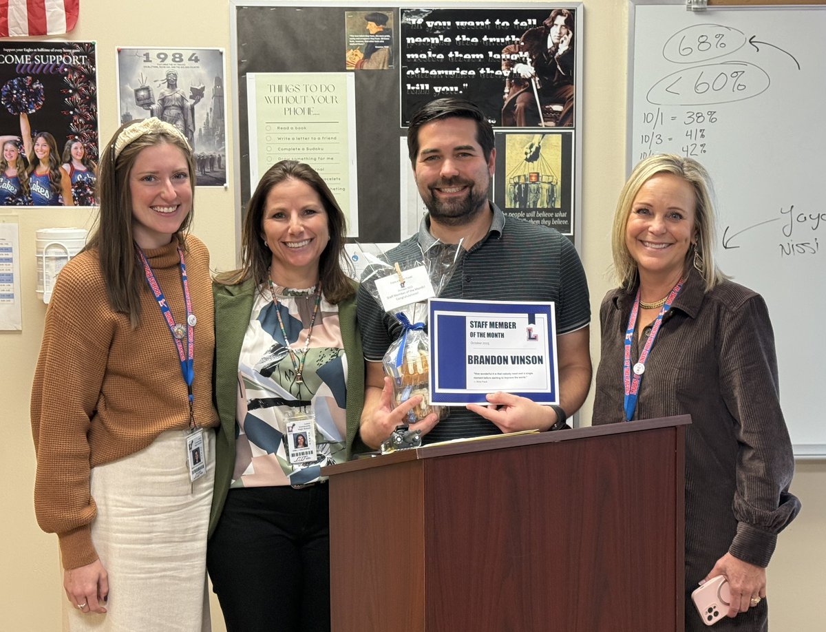 Proud to share our October Staff Members of the Month!  Ms. Mitchem &amp; Mr. Vinson were nominated by students for the care and support they provide every day 💙🦅💙 Thank you to <a href="/lakesboosters/">LEBC</a> and <a href="/nothingbundt/">Nothing Bundt Cakes</a> for the special treat to celebrate!!! #Soaring