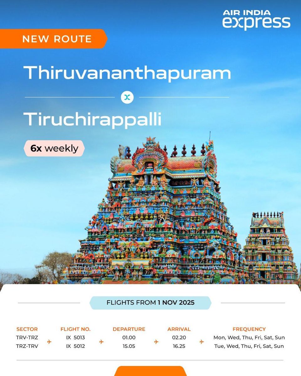 AviationTrichy's tweet image. Back to Indian Airlines IC 967/968 era. This time by Air India Express. It will start the direct flight between #Trichy &amp;amp; #Thiruvananthapuram from 1/11/2025. It will fly 6 times a week. #Singapore through check-in facility is available for TRV passengers in both ways. @AirIndiaX