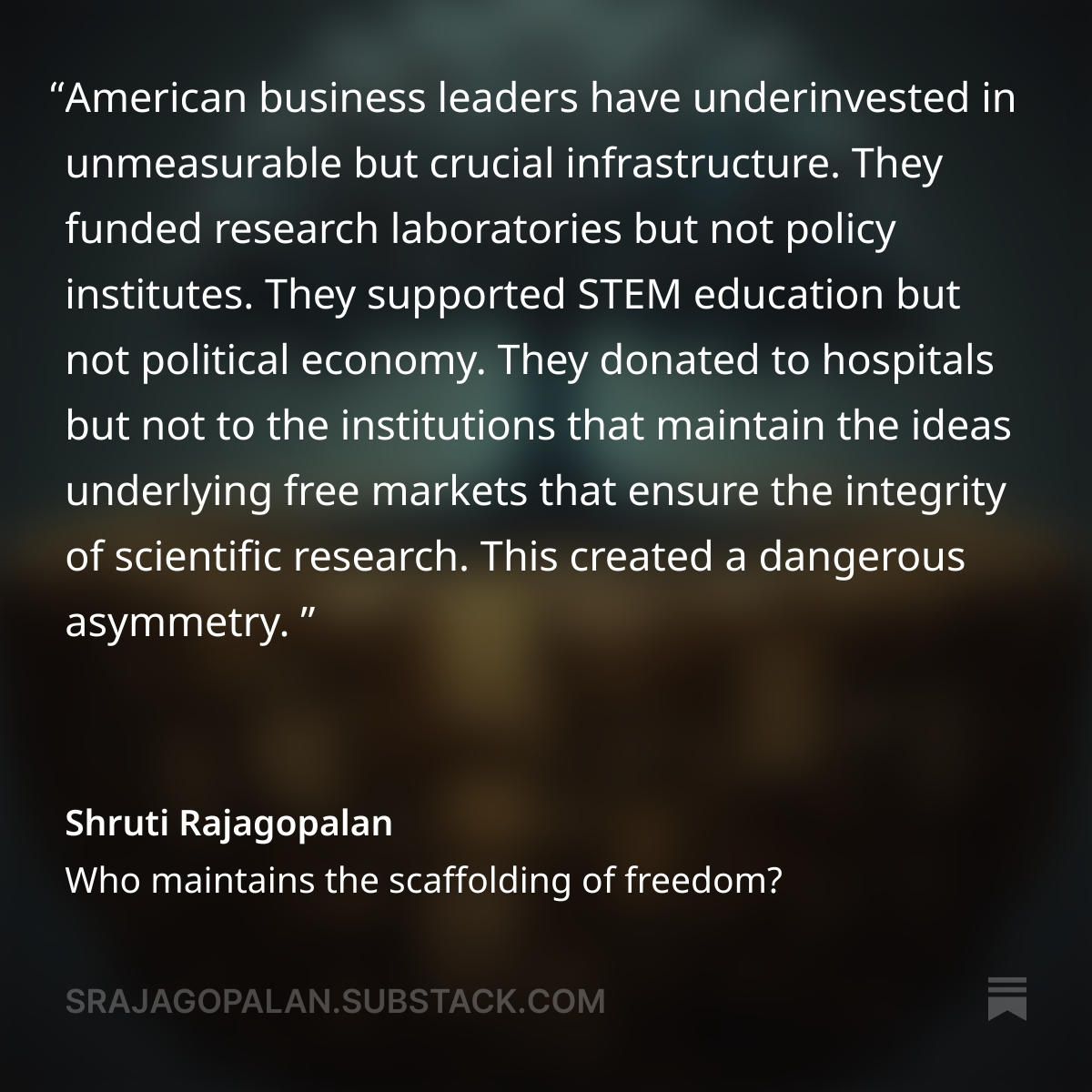 landryst's tweet image. Who maintains the scaffolding of freedom?, by @srajagopalan 
"The prosperity the western world enjoyed for decades was the result of ideas, specifically classical liberal ideas about free trade, individual rights, limited government, and rule of law."
open.substack.com/pub/srajagopal…