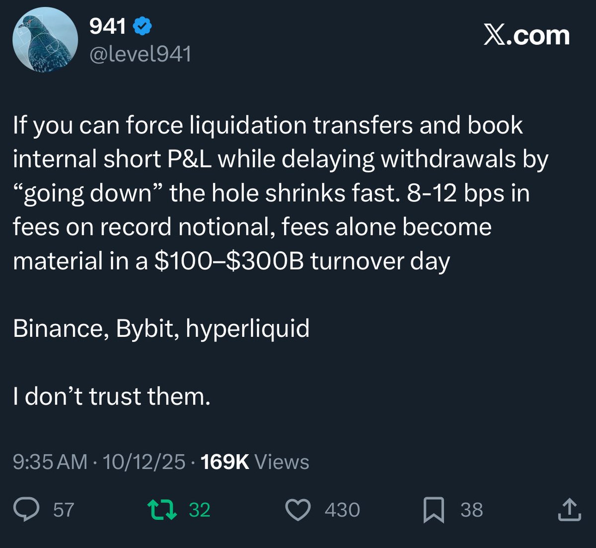 level941's tweet image. What have I been telling you about China. 

The Oct 10–11 wipeout was “manufactured,” withdrawals were throttled, and fees plus internal P&amp;amp;L captured the spread. 

Wintermute’s own line is that they stopped trading mid-crash because internal risk limits tripped, not to profit…