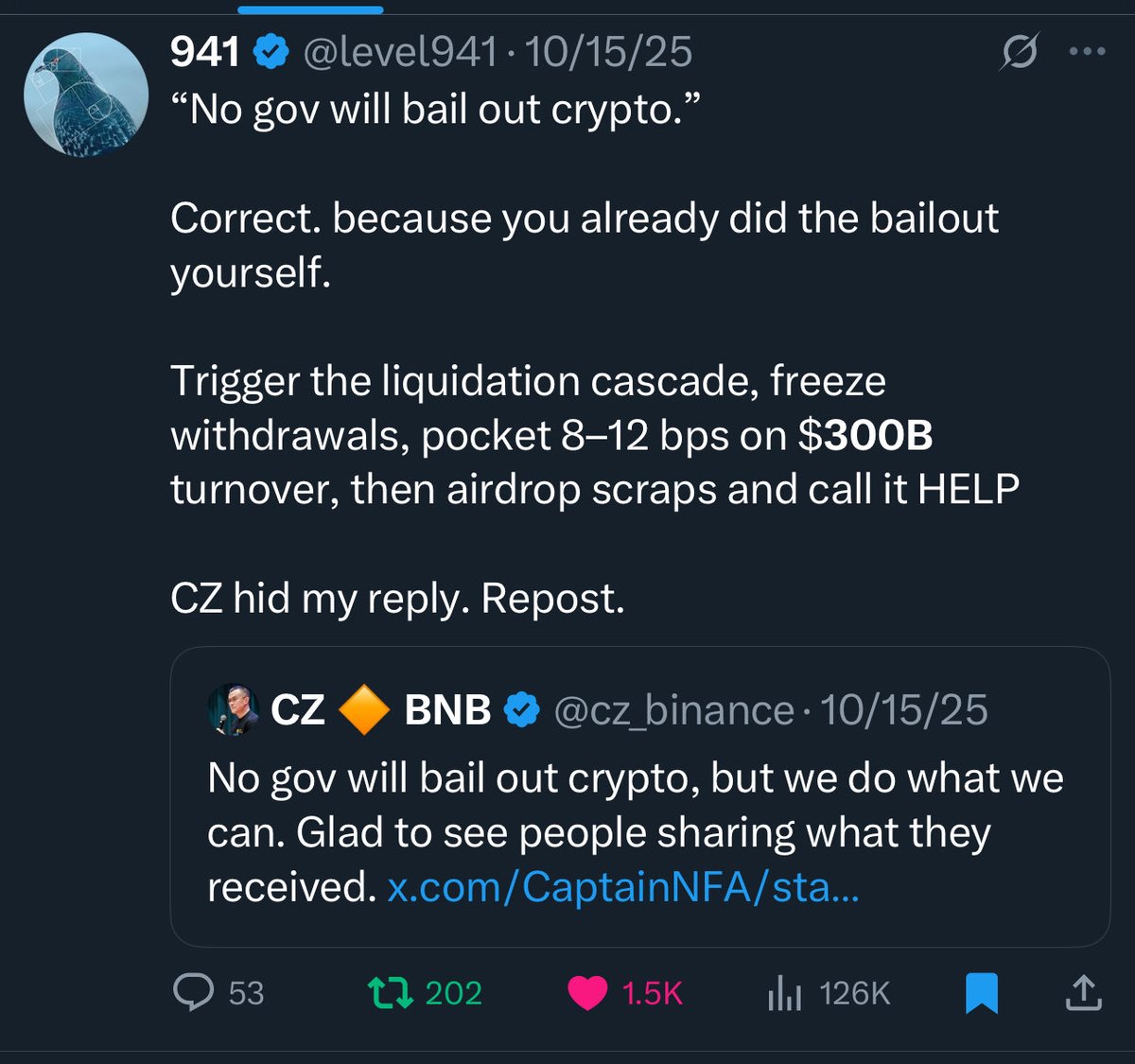 level941's tweet image. What have I been telling you about China. 

The Oct 10–11 wipeout was “manufactured,” withdrawals were throttled, and fees plus internal P&amp;amp;L captured the spread. 

Wintermute’s own line is that they stopped trading mid-crash because internal risk limits tripped, not to profit…