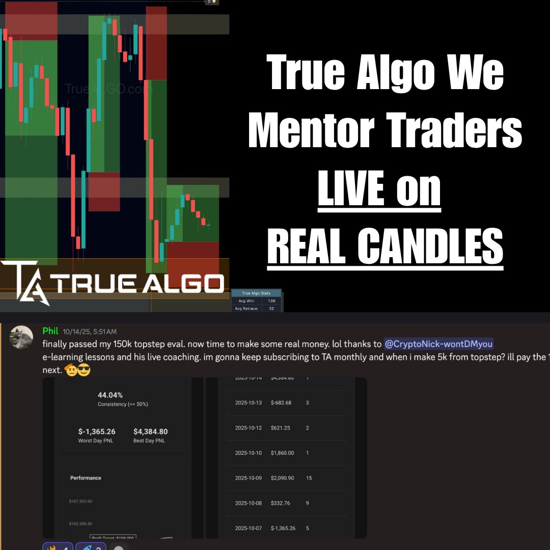 True_Algo's tweet image. Huge congrats to another TA trader for passing his 150 K evaluation! 🎉 At True Algo we mentor traders live on real candles, using statistics and forward‑tested levels. No hindsight, no recycled concepts—just proven methods that turn evaluation traders into payout traders. Ready…