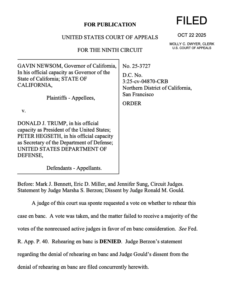 mrddmia's tweet image. 🚨
ANOTHER MAJOR LEGAL VICTORY FOR TRUMP:
President Trump beats Gavin Newsom in 9th Circuit en banc case.
Trump can federalize California National Guard to support federal immigration efforts.
cdn.ca9.uscourts.gov/datastore/opin…