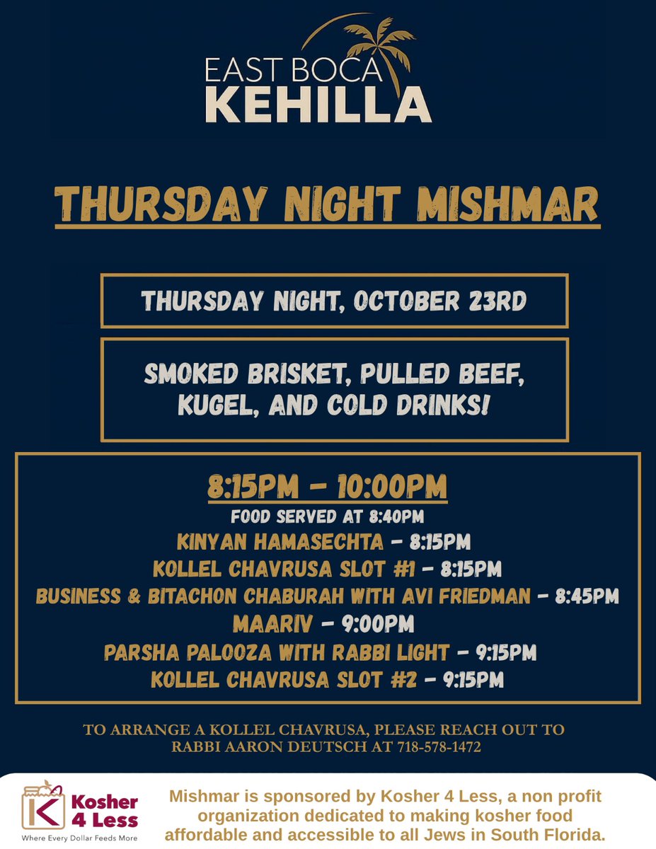 Kosher4Less's tweet image. Always a zechus to help feed the olam — and this week, we’re feeding them well!
Proud to sponsor Thursday Night Mishmar at East Boca Kehilla with smoked brisket, pulled beef, kugel, and plenty of second helpings.
Torah and brisket — the perfect combo.