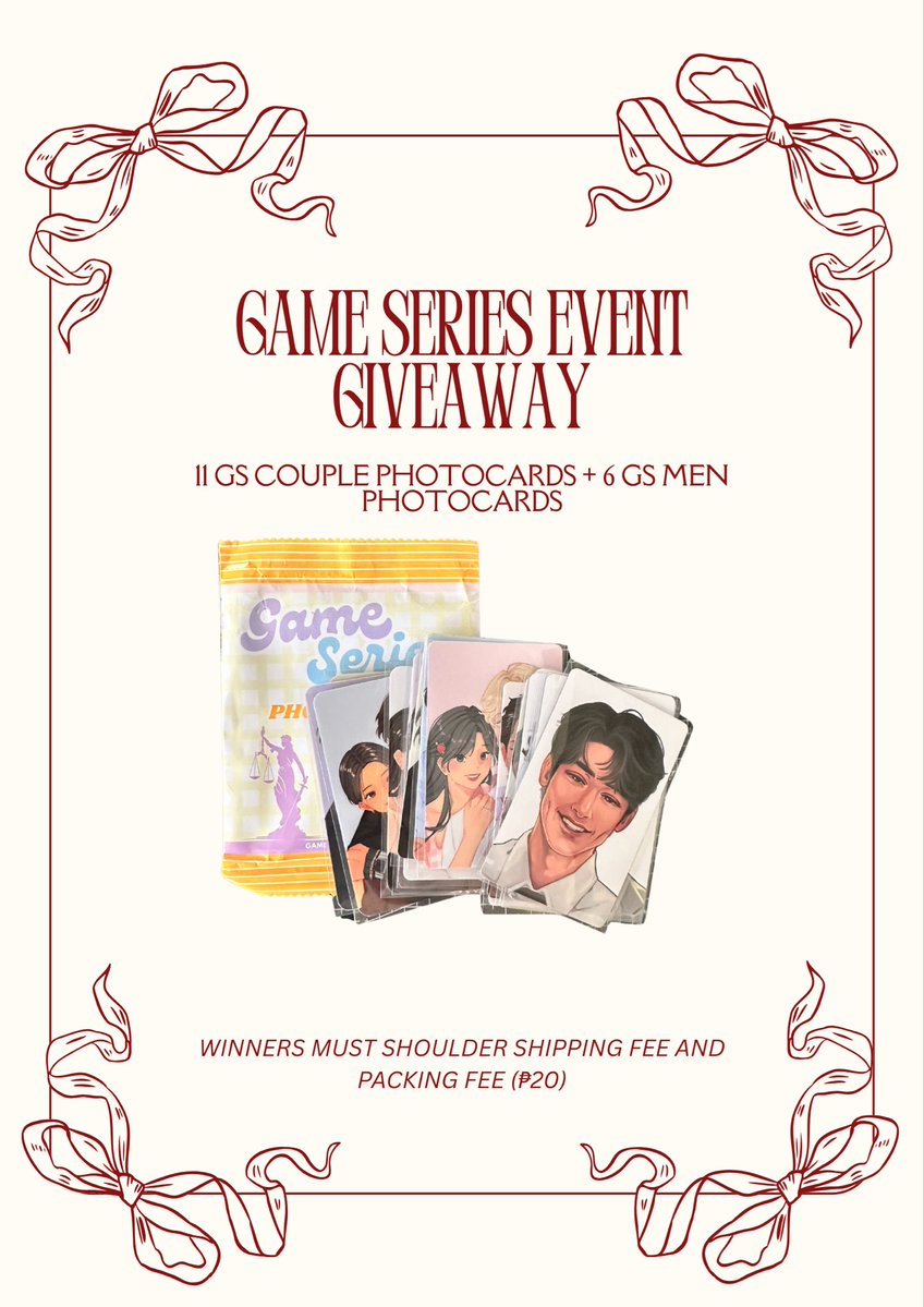 gameseriesevent's tweet image. 𝐆𝐀𝐌𝐄 𝐒𝐄𝐑𝐈𝐄𝐒 𝐆𝐈𝐕𝐄𝐀𝐖𝐀𝐘 #𝟐
✦ like and rt
✦ for game series stans
✦ reply un + favorite gs couple
✦ winners must shoulder shipping fee and packing fee