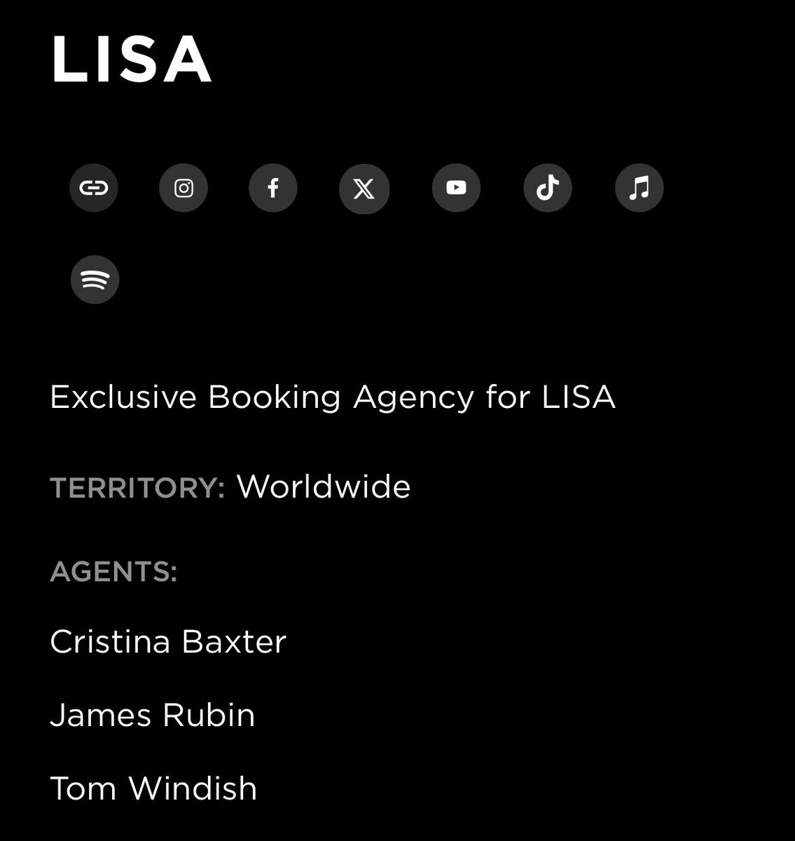 LaliceUpdates's tweet image. WASSERMAN : #LISA (Artist Roster) 

Exclusive Booking Agency for LISA

TERRITORY: Worldwide

🔗 teamwass.com/music/lisa/

@wearelloud @WassermanMusic @Wasserman