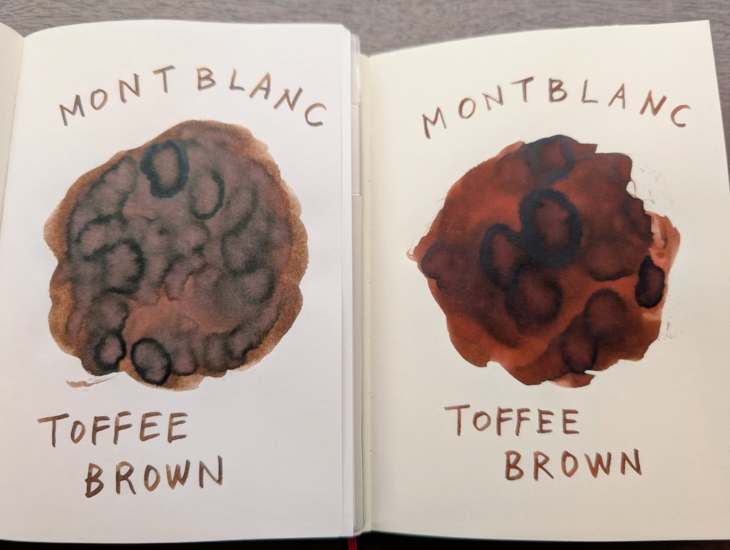 #万年筆インク
モンブラン
トフィーブラウン

憧れのモンブラン、せめてインクだけでも！(カートリッジで！)
ということで、チョコレート色を選びました。
トモエリバー白(左)はダークチョコに、MDペーパークリーム色(右)はミルクチョコになりました。どちらもおいしそう🩷