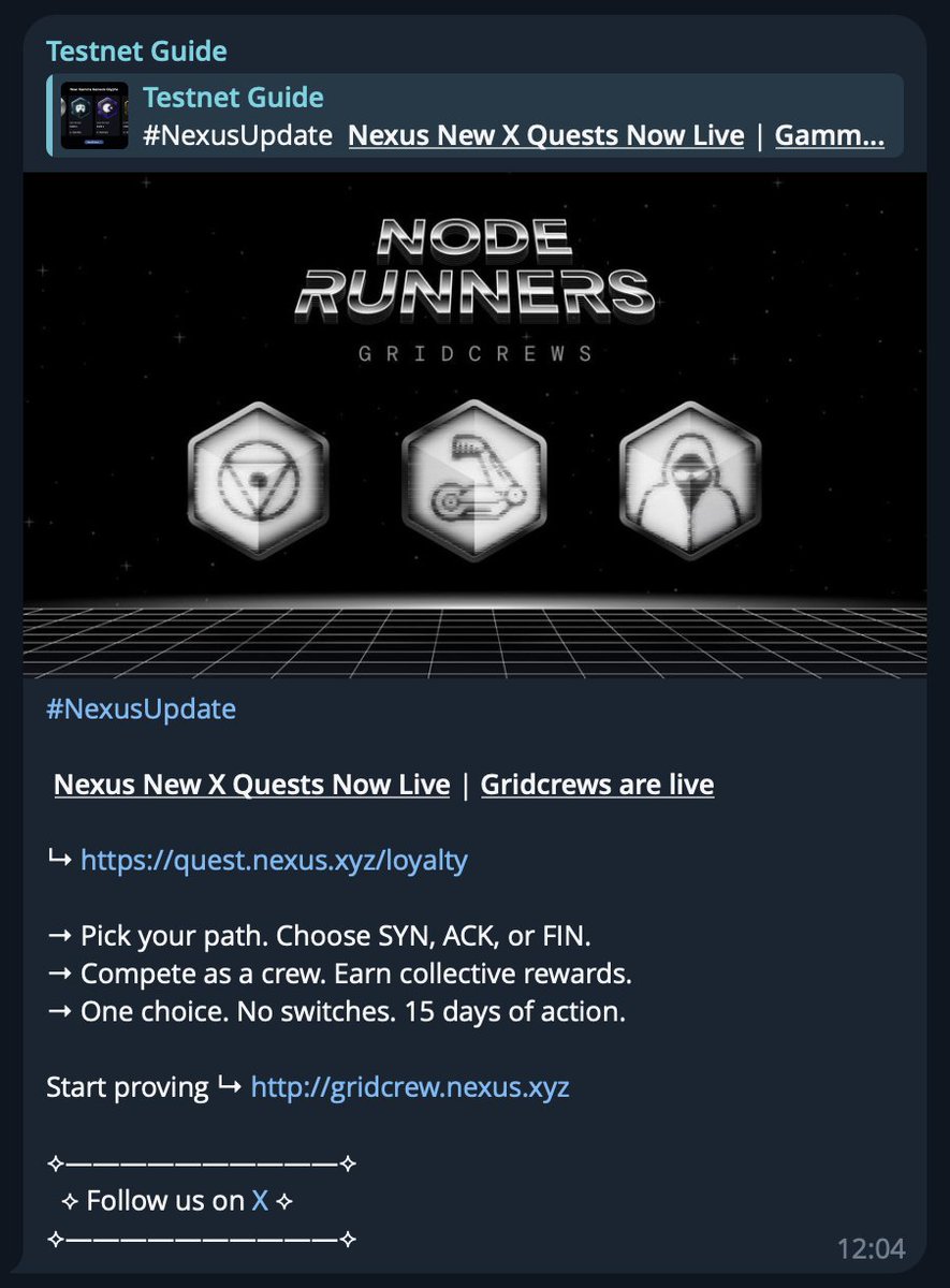 TestnetGuide's tweet image. #NexusUpdate
Nexus New Gridcrews Quests are live
↳ quest.nexus.xyz/loyalty?referr…
→ Pick your path. Choose SYN, ACK, or FIN.
→ Compete as a crew. Earn collective rewards.
→ One choice. No switches. 15 days of action.
Start proving ↳ gridcrew.nexus.xyz
@NexusLabs
