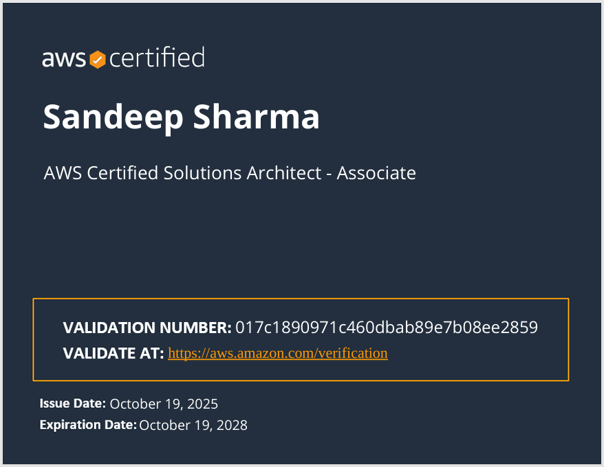 sandeep9711222's tweet image. Check out my new AWS Certification - Certified Solutions Architect - Associate - SAA-C03
@awscloud
#AWSCertified
@AWS_Edu
#cloudcomputing