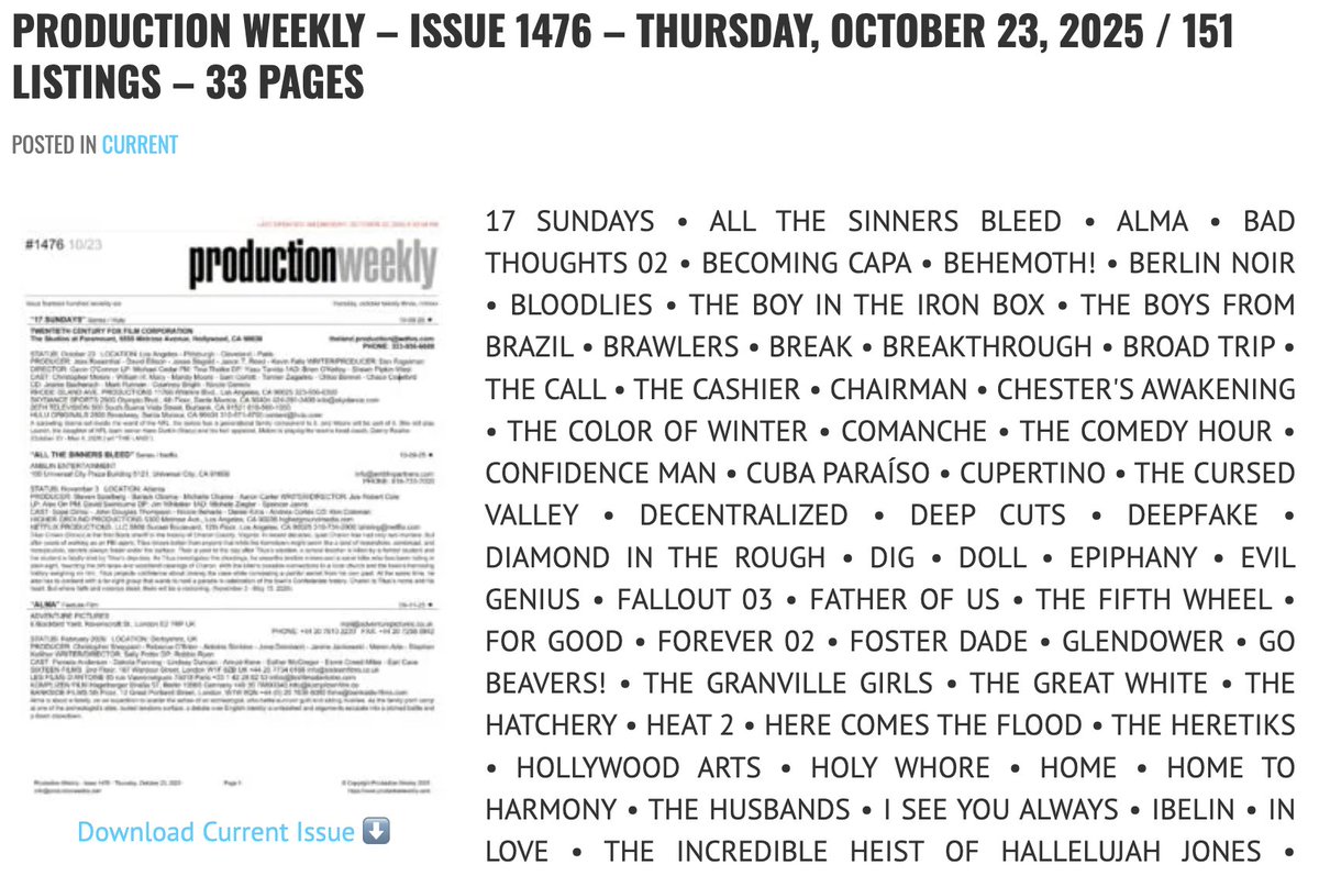 prodweek's tweet image. Production Weekly - Issue 1476 - Thursday, October 23, 2025 / 151 Listings - 33 Pages

Download Current Issue ⬇️

productionweekly.com/production-wee…