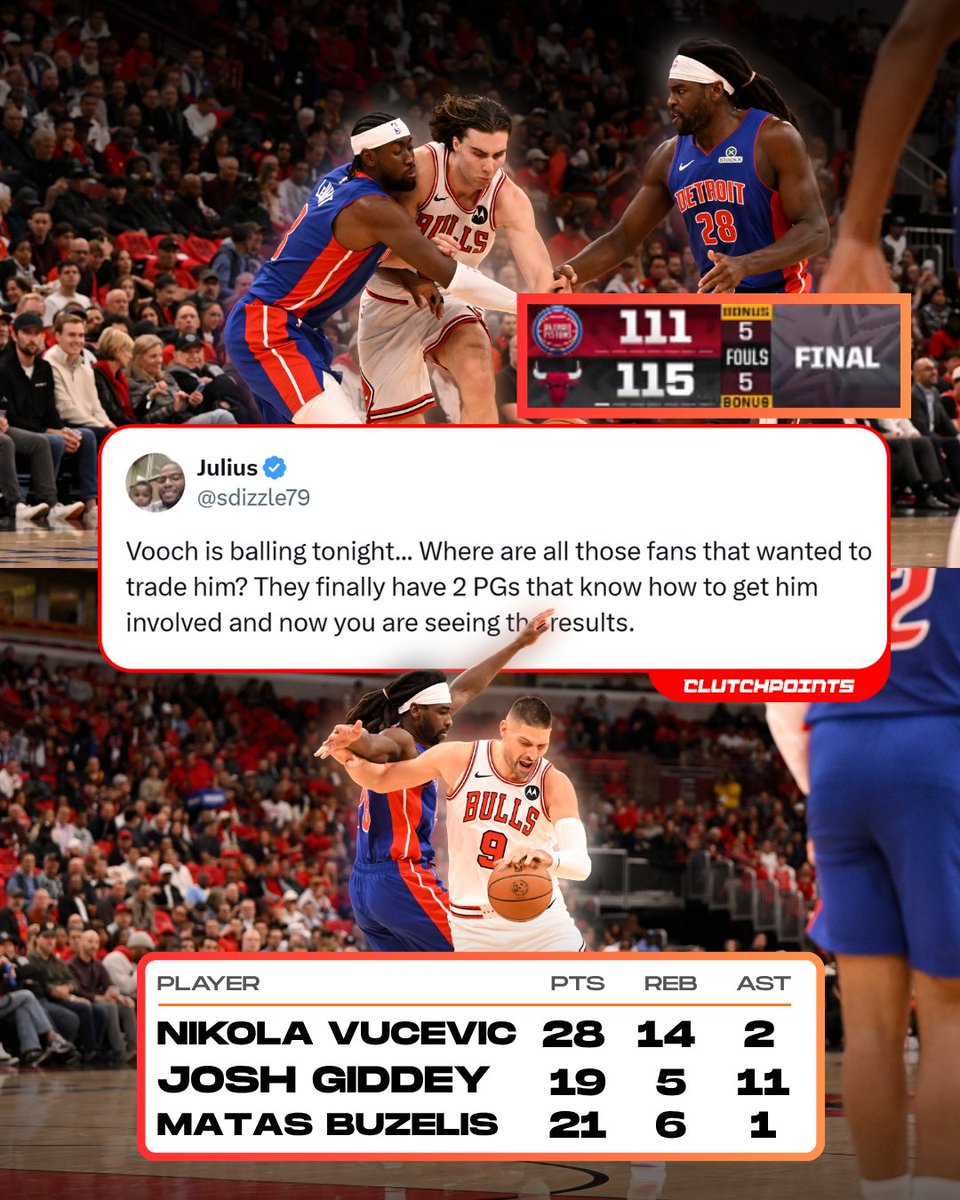 The Bulls hang tough and eke out the win over the Pistons to open the season 💪

Nikola Vucevic:
28 points
14 rebounds

11-of-18 FG
4-of-6 3PT 