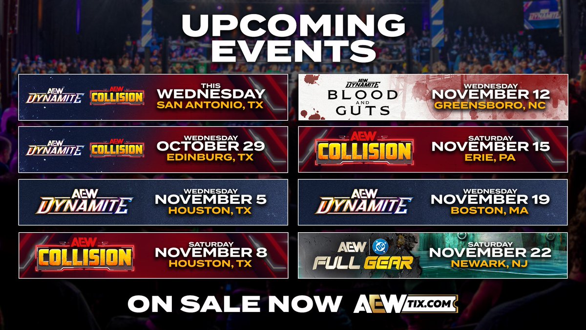 I checked AEW's lineup to see if there's any TV Specials coming up. You never know if a feud is building to one of those instead of a Pay Per View.

Blood and Guts is all we got and that DC Comics label is on The Full Gear Graphic.

Banger DC Ring Entrance coming for someone.