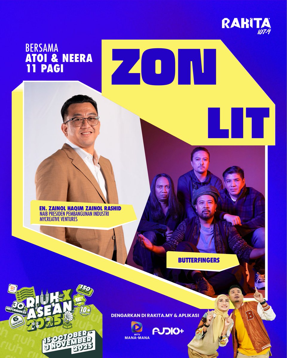 #ZonLIT hari ini kita nak sembang tentang RIUH X ASEAN yang sedang berlangsung hingga 3 November! 🤩 Jom dengarkan <a href="/AtoiTohet/">Atoi Tohet</a> &amp; Neera bersama tetamu jemputan En. Zainol Haqim &amp; Butterfingers !