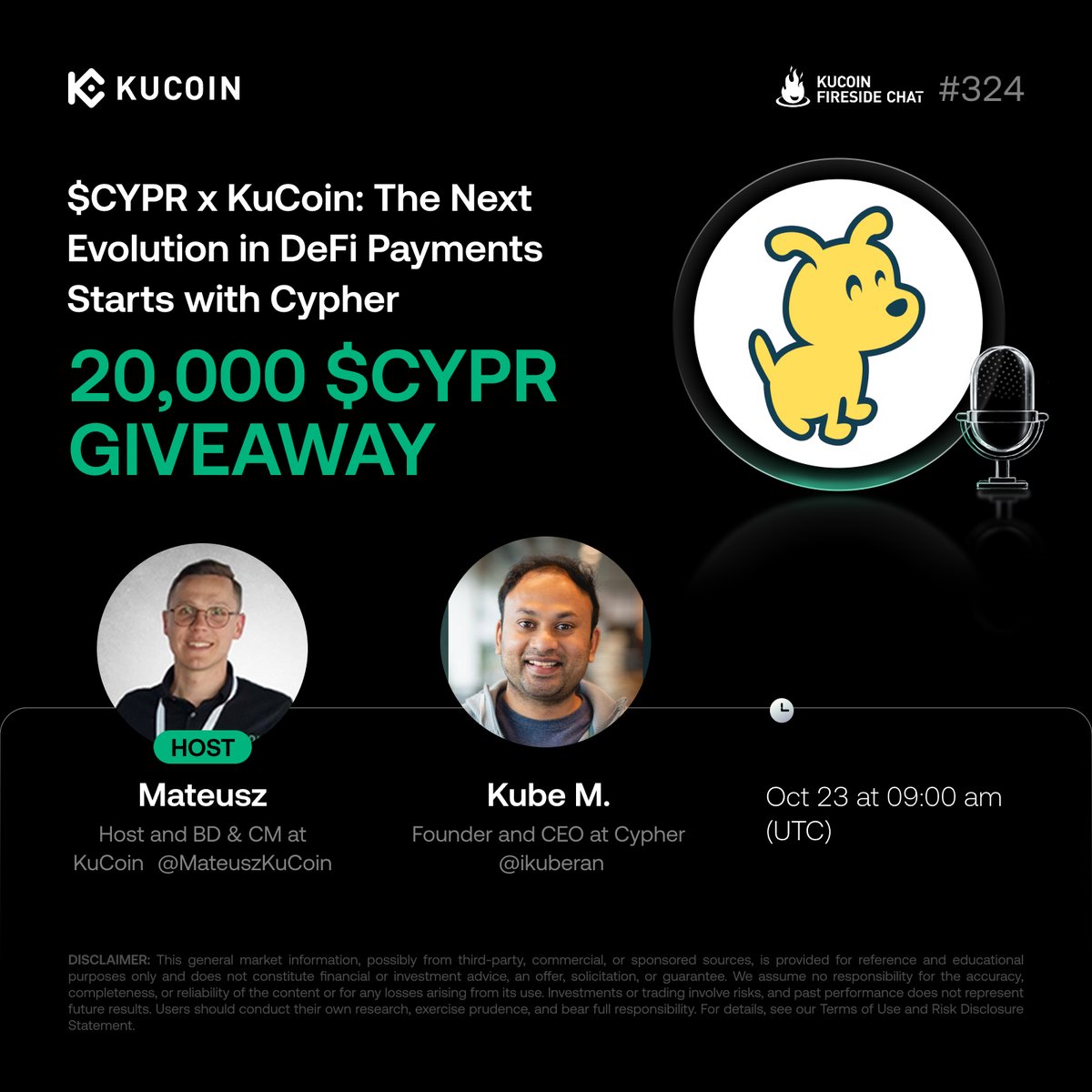 🔥 Join our #KuCoinFireSideChat with <a href="/Cypher_HQ_/">Cypher - Crypto Card 💳</a>!

Discover how Cypher $CYPR is building the infrastructure powering seamless, secure, and scalable payment experiences across Web3.

🎁20,000 CYPR to win! 

1. Follow <a href="/kucoincom/">KuCoin</a>, <a href="/BC_KuCoin/">BC Wong</a> &amp; <a href="/Cypher_HQ_/">Cypher - Crypto Card 💳</a>
2. Join the space: