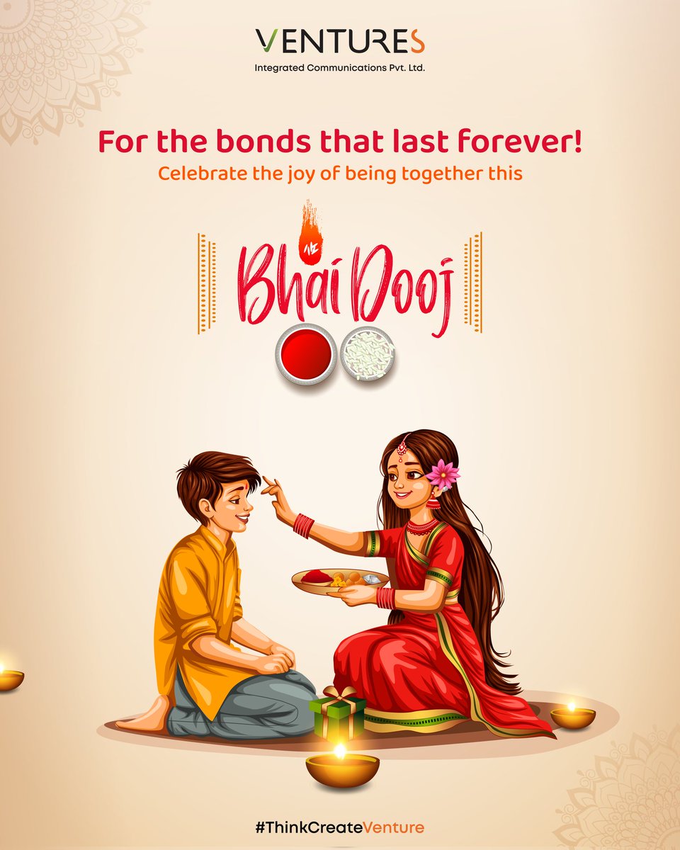 venturescomm's tweet photo. 💫 A bond of love, laughter, and lifelong promises that’s the magic of Bhai Dooj!

(Siblings love,Threads of love,Festivals vibe, Partner in crime, Bhai bhen) 

#bhaidhooj #brothersisterlove #bondoflove #venturesintegratedcommunications 
#thinkcreateventure https://t.co/e29AHZZEn7