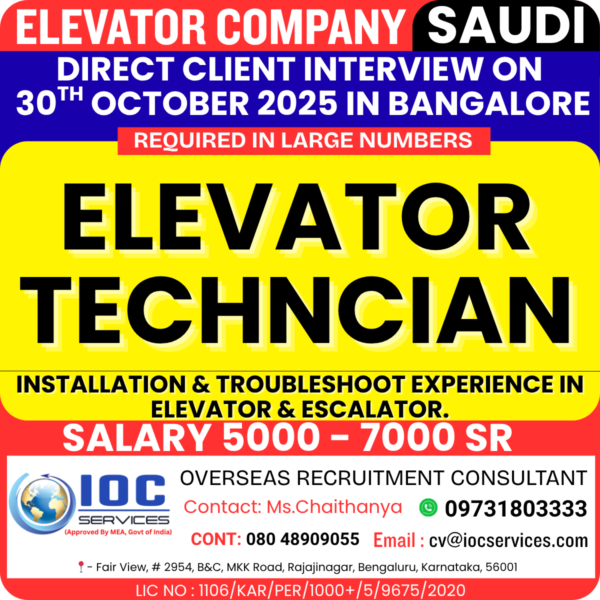 iocsgroup's tweet image. HIRING FOR ELEVATOR TECHNICIAN - SAUDI ARABIA
#ElevatorTechnician
#EscalatorTechnician
#ElevatorInstallation
#EscalatorMaintenance
#VerticalTransport
#ElevatorService
#ElevatorRepair
#EscalatorRepair
#LiftTechnician
#ElevatorMaintenance
#ElevatorExperts
#EscalatorExperts