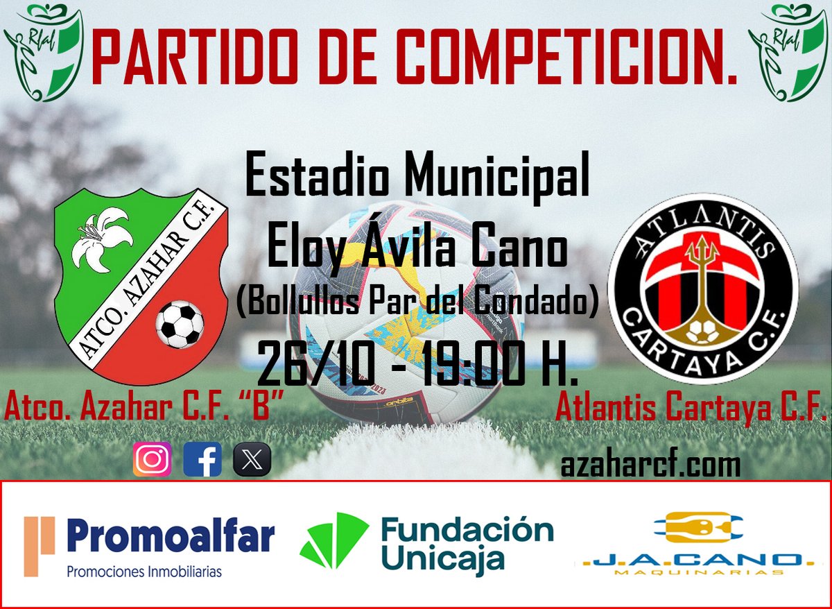🚨📣2ª Jornada de Liga para el Equipo Senior "B" de Huelva.📣🚨
💪⚽💚🤍❤️⚽💪
Todos somos una 🍍
#azaharcf
#familiaazahar
#estoesazahar
#aportadaazahar
#muynuestramuyazahar
Patrocinados por:
#promoalfar
@fundunicaja
#maquinariasjacano
azaharcf.com
