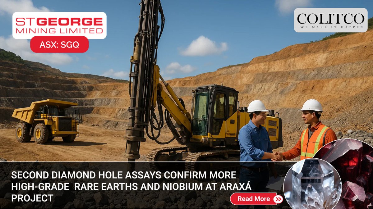 StGeorge_SGQ's tweet photo. St George Mining Confirms More High-Grade Rare Earths & Niobium at Araxá Project

St George Mining Limited (ASX: SGQ) has announced further outstanding assays from its second diamond drill hole (AXDD002) at the Araxá Rare Earths and Niobium Project in Minas Gerais, Brazil extending mineralisation well beyond the current 40.6Mt @ 4.13% TREO resource and strengthening the Project’s position as one of the highest-grade carbonatite-hosted REE deposits in the Western world.

🔑 Key Highlights

Major Step-Out Success: AXDD002 intersected 87.7m @ 2.95% TREO & 0.41% Nb₂O₅ from 2m, including 9.65m @ 4.15% TREO & 0.55% Nb₂O₅, extending mineralisation ~150m west of the current Mineral Resource Estimate.

High Magnet Rare Earth Content: NdPr:TREO ratios up to 31%, confirming strong magnet feedstock potential.

Resource Expansion Potential: Together with AXDD001 (230m west of the MRE, 98m of high-grade TREO), results confirm continuity and open mineralisation to the west.

Tier-1 Location: Araxá sits in Minas Gerais, near CBMM’s niobium operations, offering infrastructure, workforce, and regulatory advantages.

💬 John Prineas, Executive Chairman:

“The results from AXDD002 continue to support the potential for a substantial increase in the scale of high-grade rare earths and niobium deposits at Araxá. With two strong step-out holes already confirming mineralisation beyond the current resource boundary, we are well on track for a major resource upgrade and an expedited development pathway.”

⚙️ Strategic & Investor Outlook

With consistent high grades, near-surface continuity, and significant growth potential, Araxá is emerging as a strategic supply hub for critical minerals outside China. St George’s strong institutional backing and accelerated exploration program position it for substantial value growth as global demand for magnet rare earths intensifies.

📊 Last Price: $0.12
💰 Market Cap: $407.58M

📢 Read more: https://t.co/r0UtQEP18R

#StGeorgeMining #ASXSGQ #AraxáProject #RareEarths #Niobium #CriticalMinerals #BrazilMining #HighGrade #ExplorationUpdate #MiningNews #ResourceGrowth #MagnetMetals #EnergyTransition #Decarbonisation #Sustainability #MiningInvestment #DrillingResults #InvestorOutlook #CleanEnergy #CriticalMineralSecurity