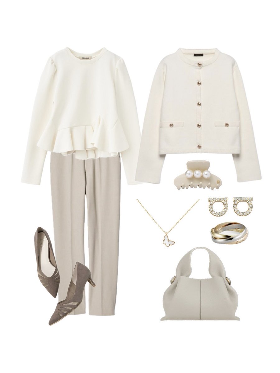 昨日のコーデ！
久々の出社でした〜ホワイト×ベージュでまとめたコーデお気に入り🙂‍↕️🤍