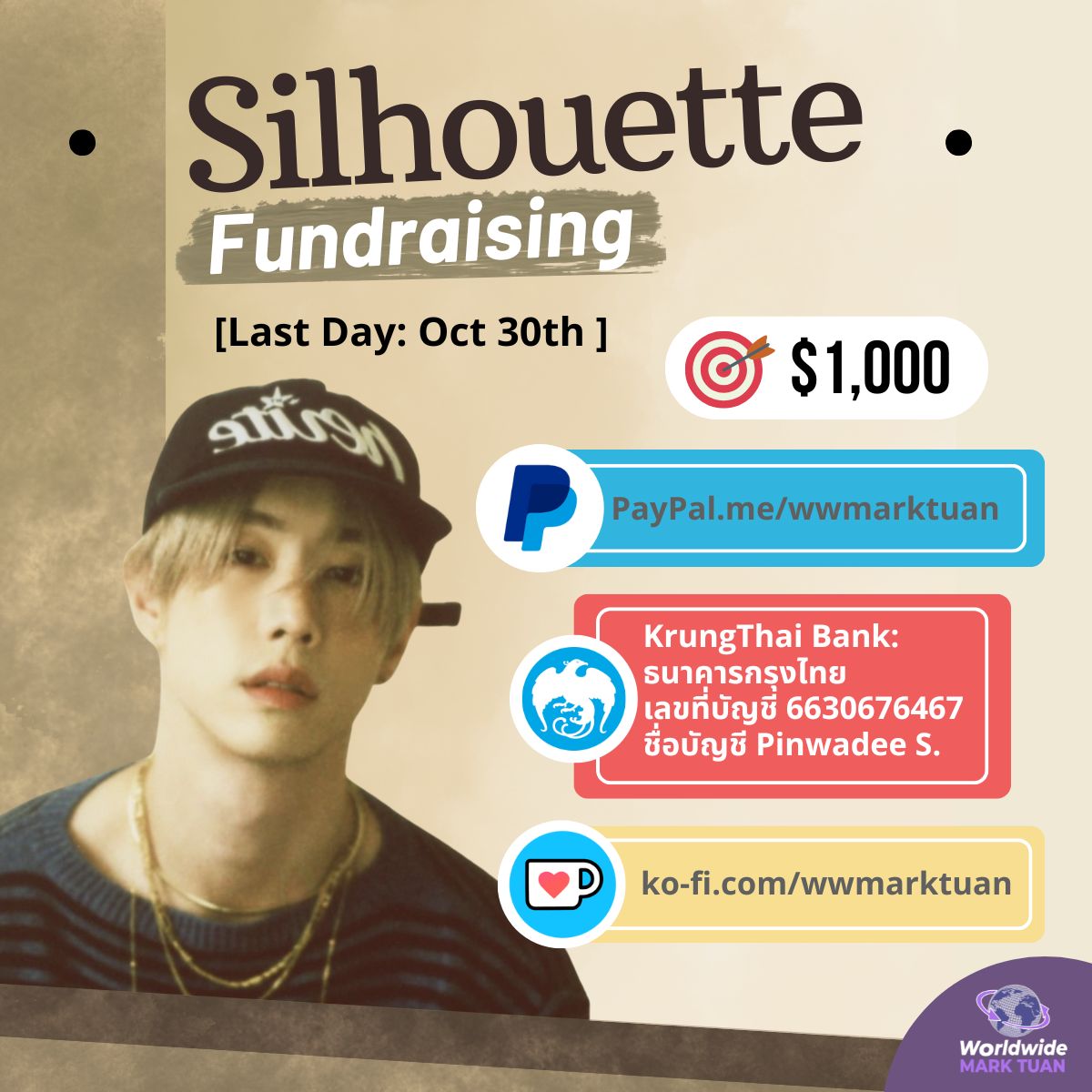 [การระดมเงินทุนเพื่อดันยอด iTunes] - อัพเดทยอดรับบริจาค 

📍ยอดรับบริจาคที่ได้รับตอนนี้ 21.4% ของเป้าหมาย $1,000  (~32,820 บาท)

🗓 ระยะเวลาเปิดรับบริจาค: จนถึงวันที่  31 ตุลาคม 2568 เวลา 13.59 น.(เวลาไทย)
🎯 เป้าหมาย : 1,000 ดอลล่าร์สหรัฐ หรือประมาณ 32,820 บาท

"Silhouette"