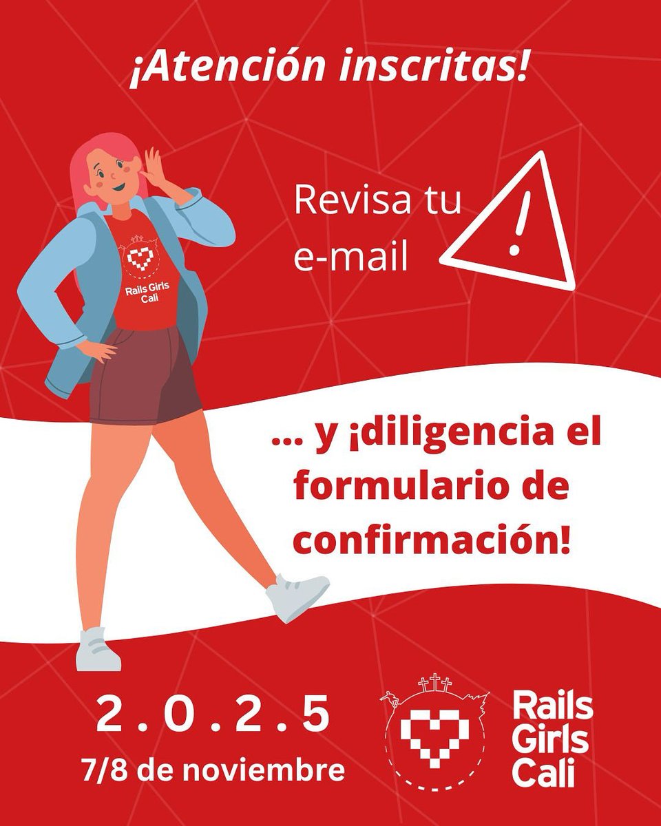 RGCaliOficial's tweet image. Si te inscribiste a Rails Girls Cali 2025, revisa ya mismo tu correo y confirma tu asistencia. 

¡Te esperamos!

Este paso es obligatorio para el proceso de selección. 

#railsgirlscali #railsgirls #rubyonrails #mujeresentech #calico #calicolombia