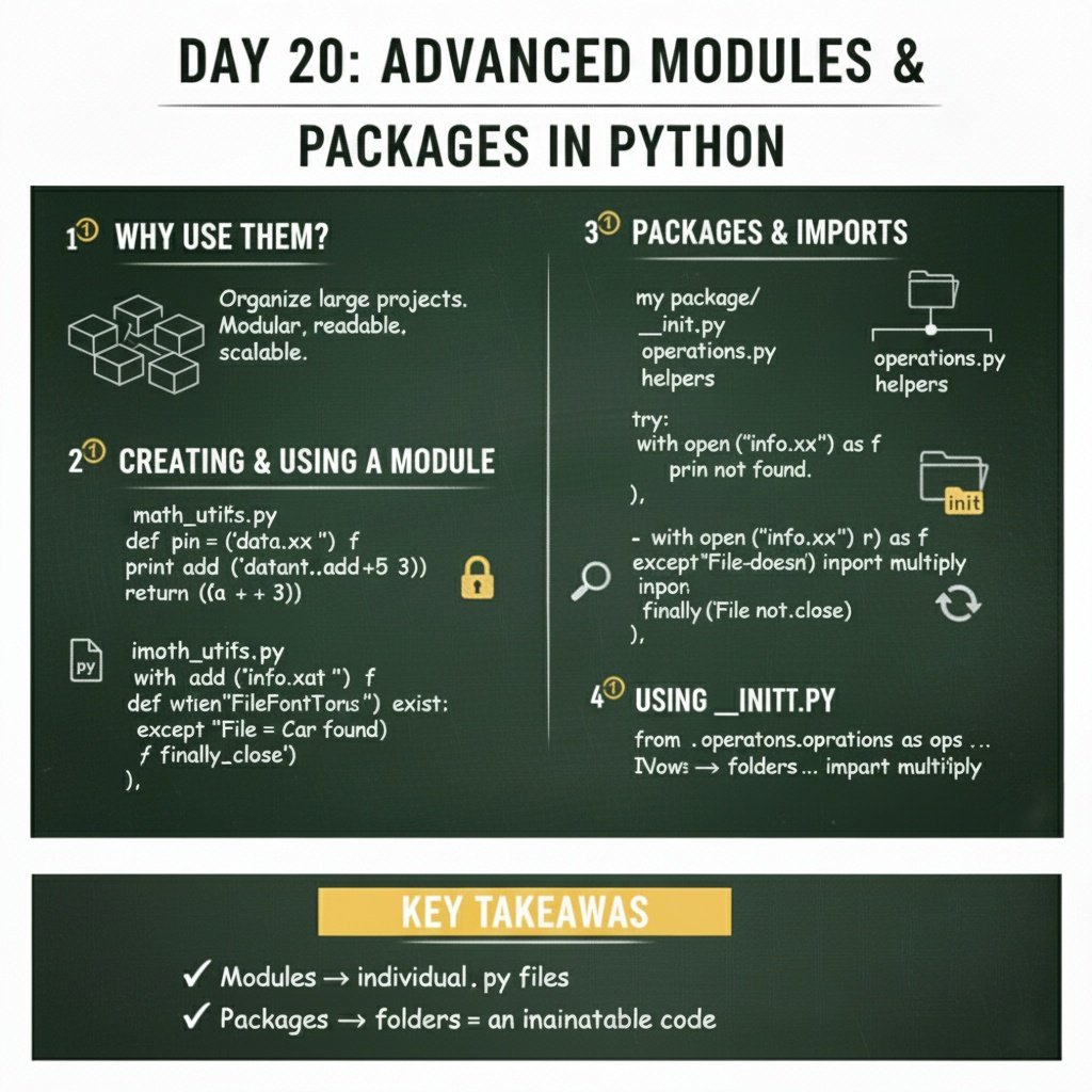 NivasChintu1's tweet image. Day 20 — Advanced Modules & Packages in Python
Organize, scale, and reuse code like a pro with packages and modules.
A clean structure is the backbone of great Python projects.
#Python #LearnPython #100DaysOfCode #Programming
