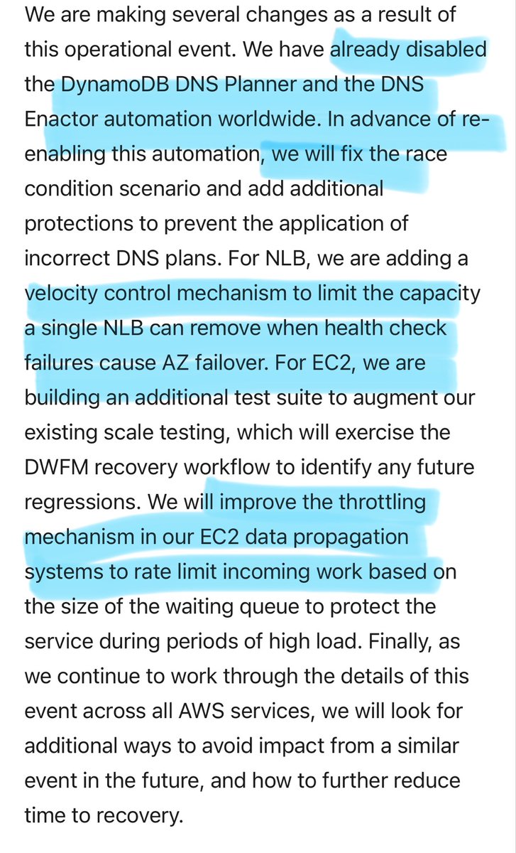 copyconstruct's tweet image. The detailed AWS incident report is out, and it’s worth a read
- DNS records managed by 2 systems; a race condition led to regional record getting unset
- EC2 lease establishment was borked as it depends on DynamoDB
- fluctuating NLB health checks leading to EC2 DNS entry purges