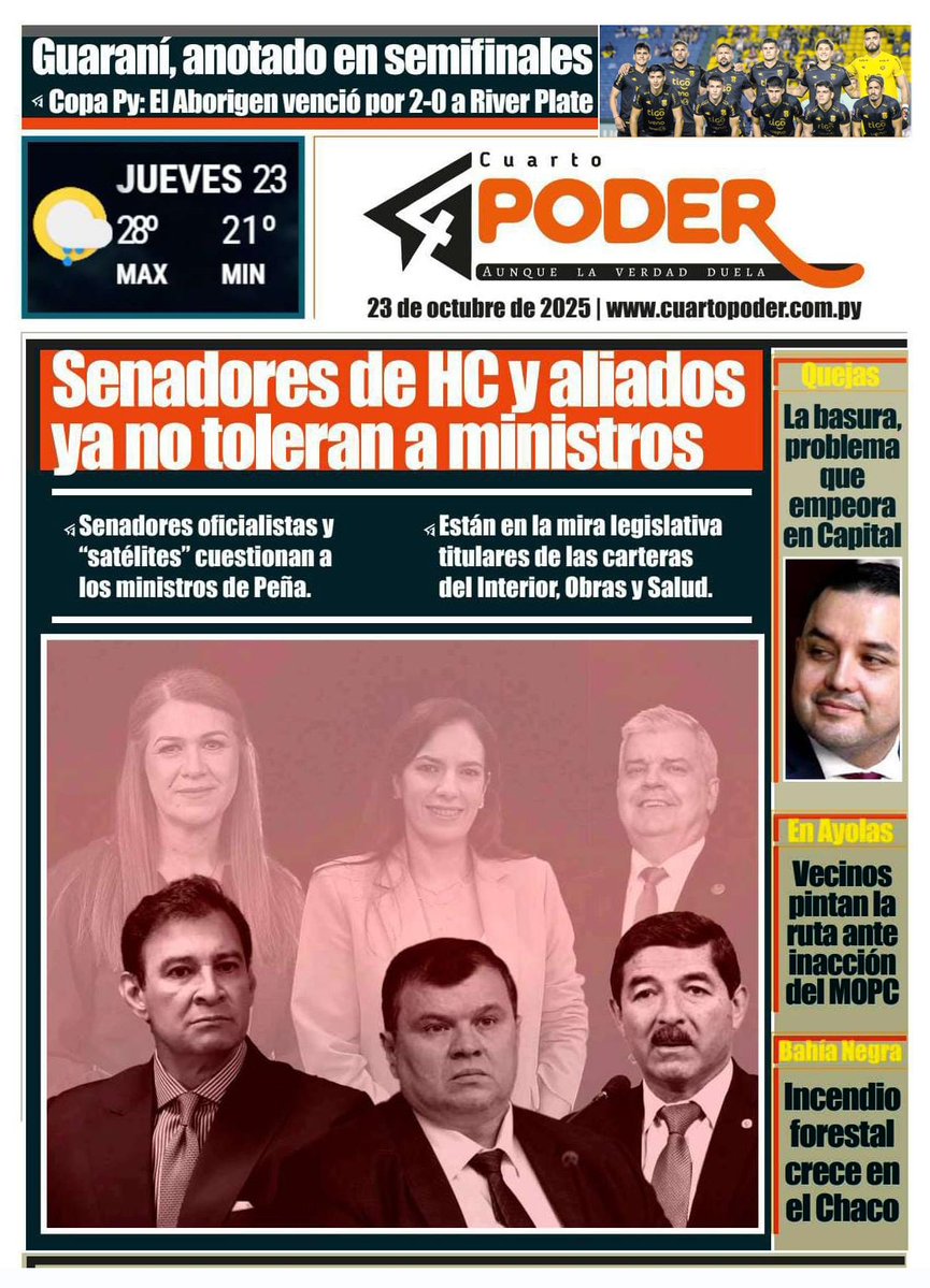 CuartoPoder_Py's tweet image. #Tapa4toPoder 23 de octubre 2025 ◾cuartopoder.com.py
@SenadoresPy @honorcolorado_ @PresidenciaPy @msaludpy @mopcparaguay @MDI_Paraguay @AsuncionMuni @mambiente_py @MDN_PY @ClubGuarani