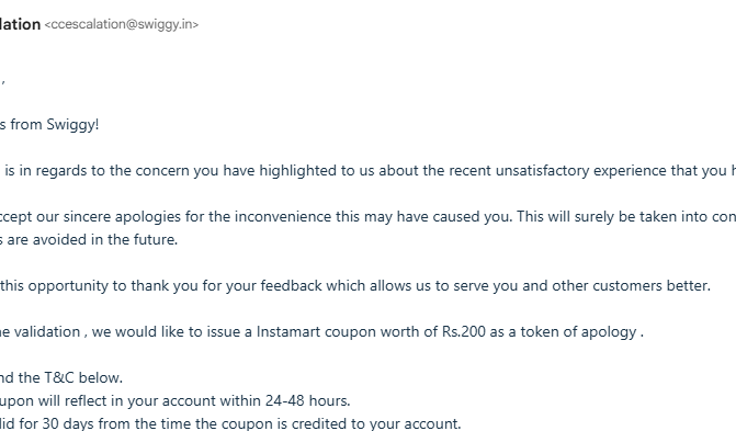 splashingrahul's tweet photo. @SwiggyCares @SwiggyInstamart @Swiggy @letsblinkit @SwiggyCares Hi, i have received the email, was promised 200rs coupon, but still haven't received and i have sent total 4 email and got no reply regarding this. https://t.co/nfdBVb598N