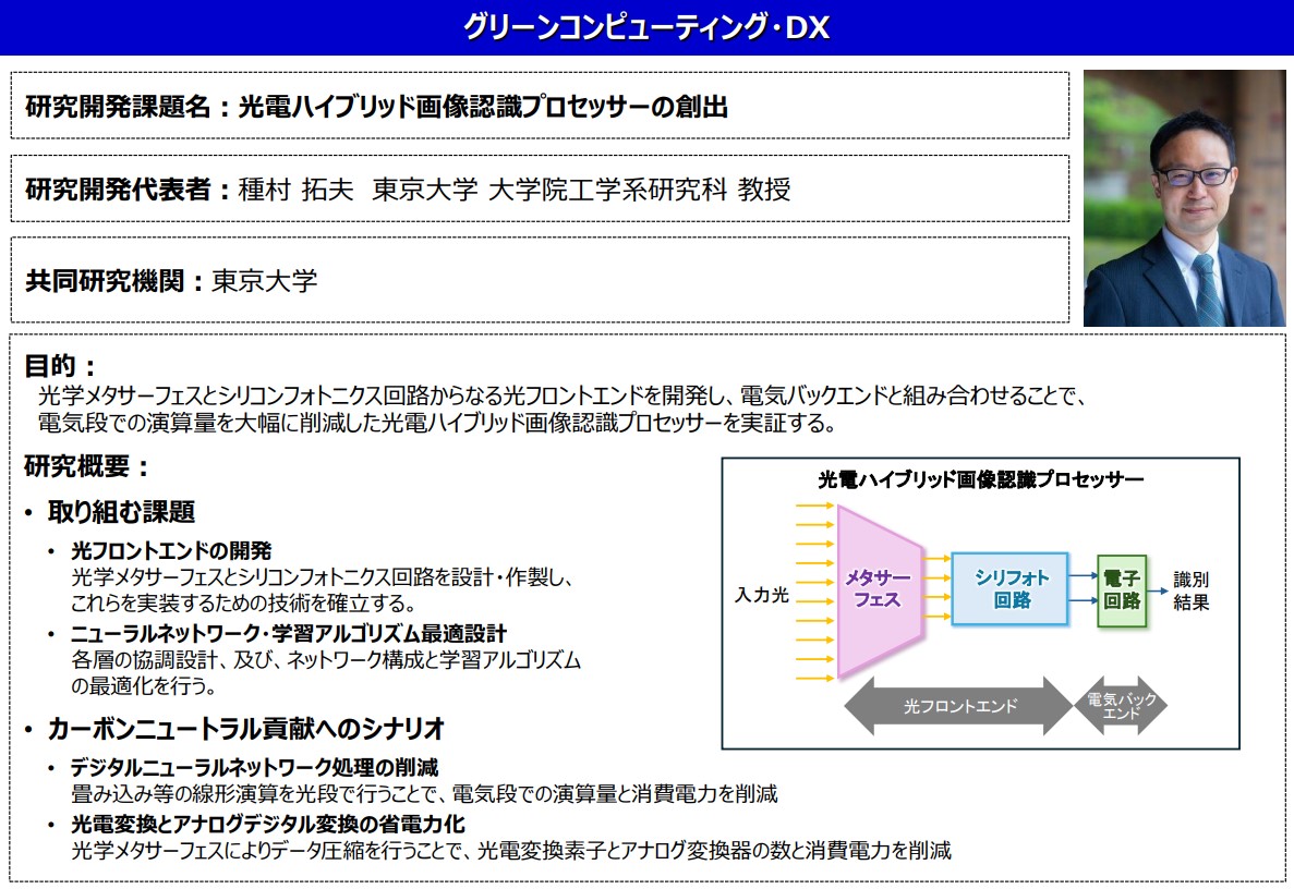 ／
ALCA-Next
📣研究開発課題紹介（スモールフェーズ）
＼
✅グリーンコンピューティング・DX領域
「光電ハイブリッド画像認識プロセッサーの創出」
研究開発代表者：#種村拓夫

研究概要⬇️
jst.go.jp/alca/dl/field/…
技術領域🔽
jst.go.jp/alca/field/fie…

#JST #ALCA_Next