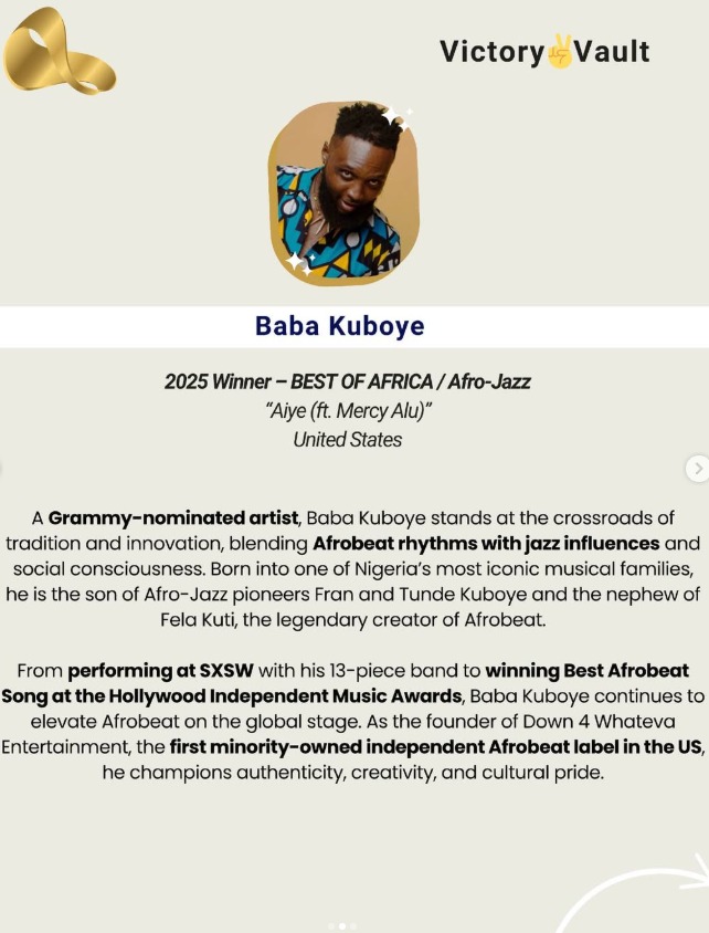 🌍✨ Today in our #VictoryVault we spotlight Baba Kuboye, winner of Best of Africa at the 2025 InterContinental Music Awards for his Afro-Jazz masterpiece Aiye (featuring Mercy Alu).

A Grammy-nominated artist, Baba Kuboye stands at the crossroads of tradition and innovation,
