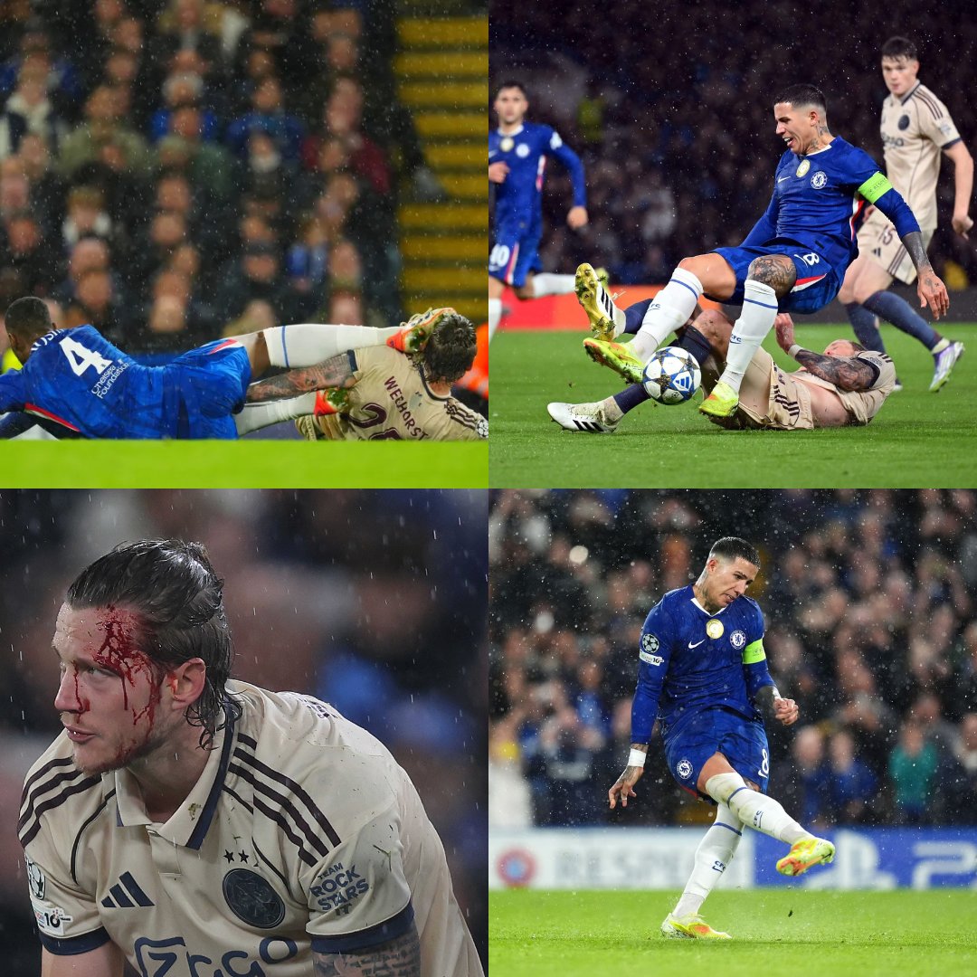 iSportsAPI's tweet image. Wout Weghorst had a rollercoaster first half. He managed to score a penalty, but moments later, he had blood pouring down head after clash with Adarabioyo.
After treatment, Weghorst soon committed a reckless challenge on Enzo Fernandez, leading to another penalty for Chelsea.