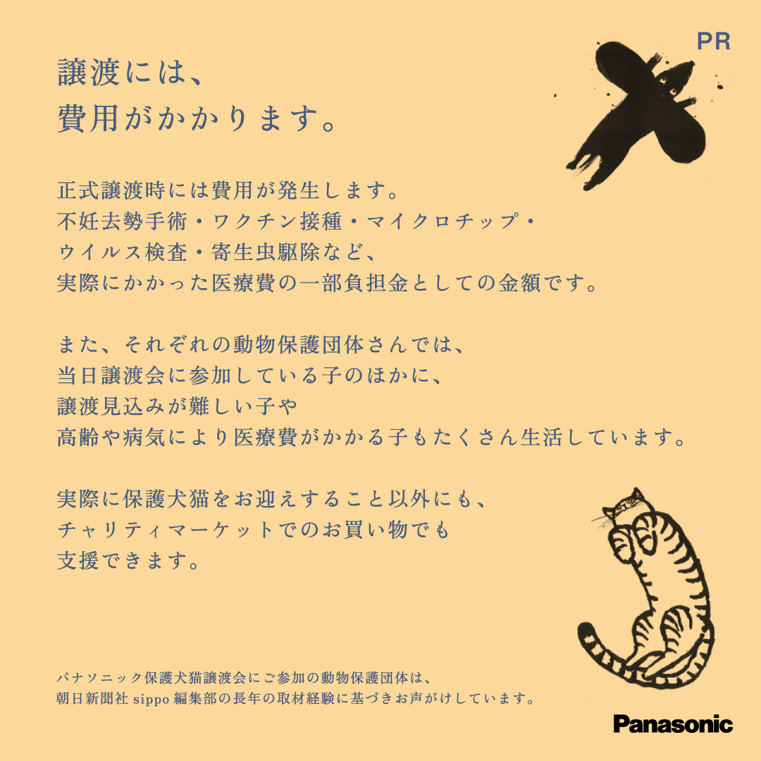 Asahisippo's tweet photo. まずは、会いに来てください。🐾

全国では、年間約9,000頭の犬や猫が処分されています。
そのほとんどが、人間の都合によるもの。

「この現実を変えたい」と、全国の保護団体が日々活動を続けています。
1頭でも多くの命をつなぐために。

譲渡会には、それぞれ異なる過去を持つ子たちが参加します。
怖がりな子、甘えん坊な子、少しずつ心を開いてくれる子。

どうか、まずは会いに来てください。
そして、保護団体の方々からお話を聞いてみてください。
生い立ちや性格を知るうちに、
きっと“この子と一緒に生きたい”と思える瞬間が訪れます。

🐶🐱正式譲渡の際には、費用が発生します。
不妊去勢手術・ワクチン接種・マイクロチップ・ウイルス検査・寄生虫駆除など。
実際にかかった医療費の一部負担金としての金額です。

👉 詳細＆譲渡会コーナーのご予約はこちらから🐾
https://t.co/rHXV1KcJOO

#PR #パナソニック #パナソニック保護犬猫譲渡会  #犬猫は家族 #いぬねこライフ