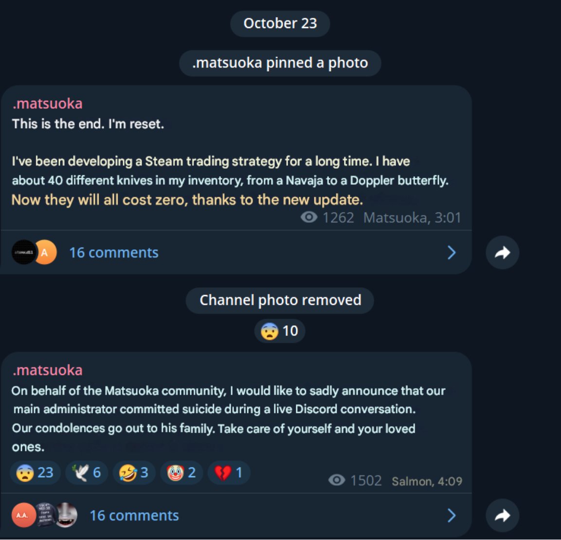 I don’t even know what to say. Maybe it’s fake, but we’ll never hear most stories like this anyway.

Valve, what the fuck did you do today :/
The skin market just got nuked.
Shoutout to China for the May crash. Shoutout to Valve for the updates — and for today.

I’m wiped out.
😭